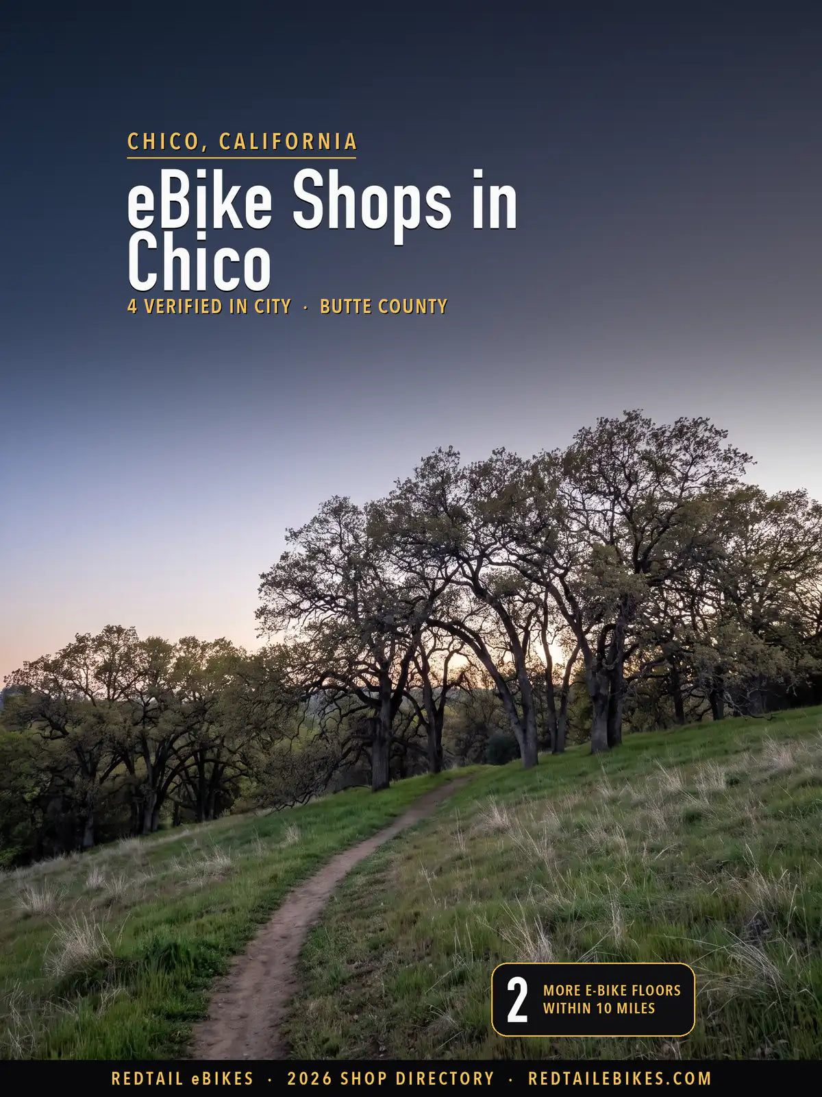 Cover reading eBike Shops in Chico, 4 verified in city, Butte County, over Upper Bidwell Park in Chico at blue hour, a dirt trail curving up a grassy slope into a grove of oaks with dark twisting trunks
