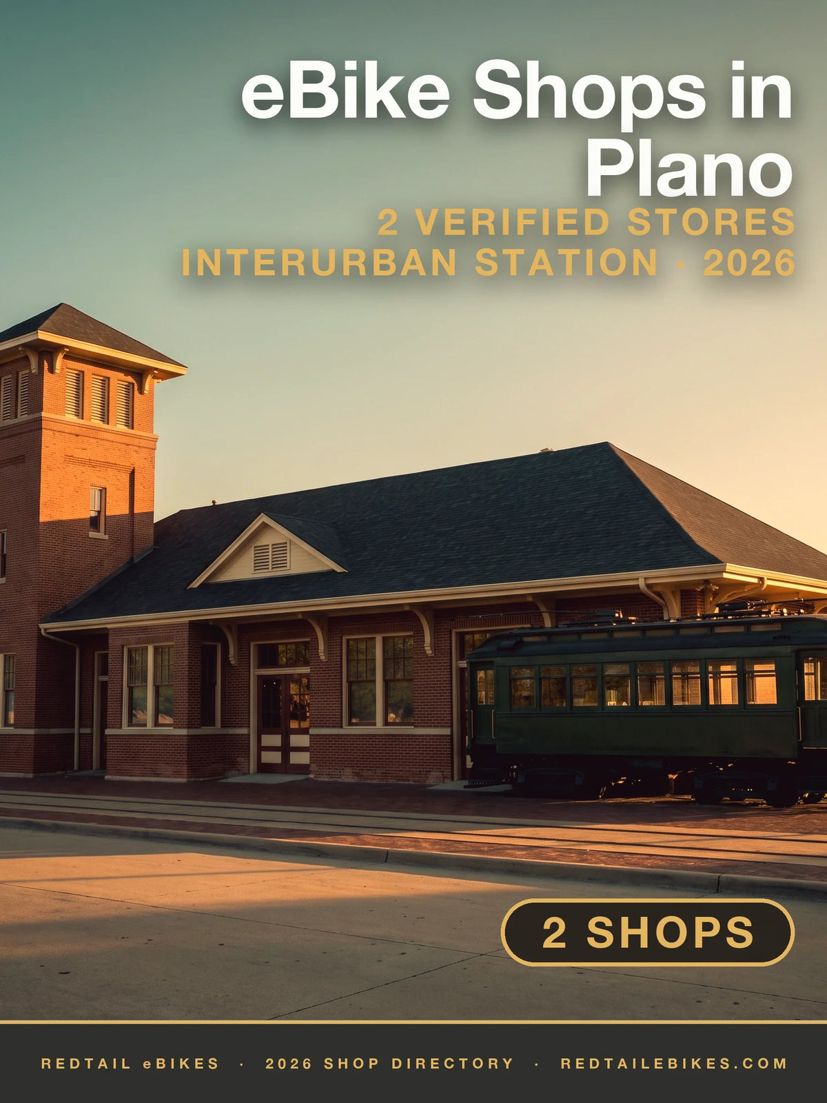 The Plano Interurban Railway Station and its brick tower at golden hour