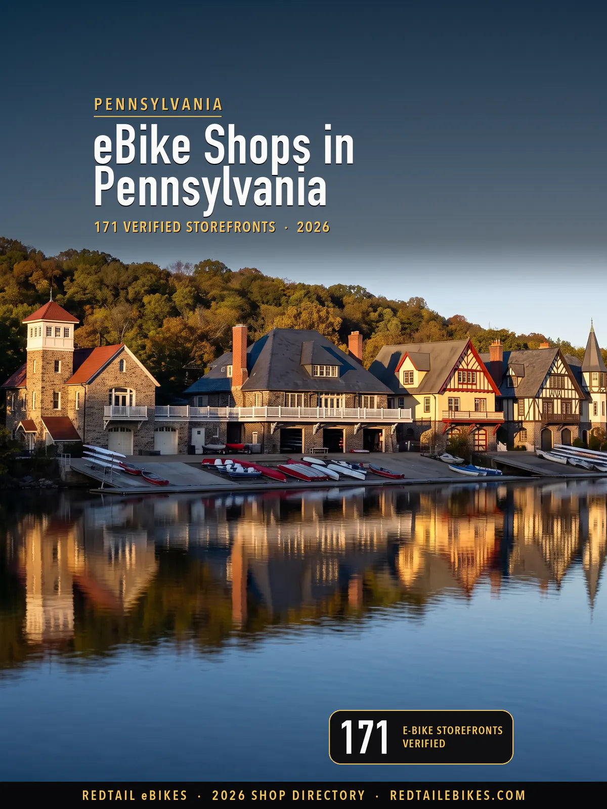 Cover reading eBike Shops in Pennsylvania, 171 verified storefronts, 2026, over Boathouse Row on the Schuylkill River in Philadelphia, its nineteenth-century boathouses in clear October light