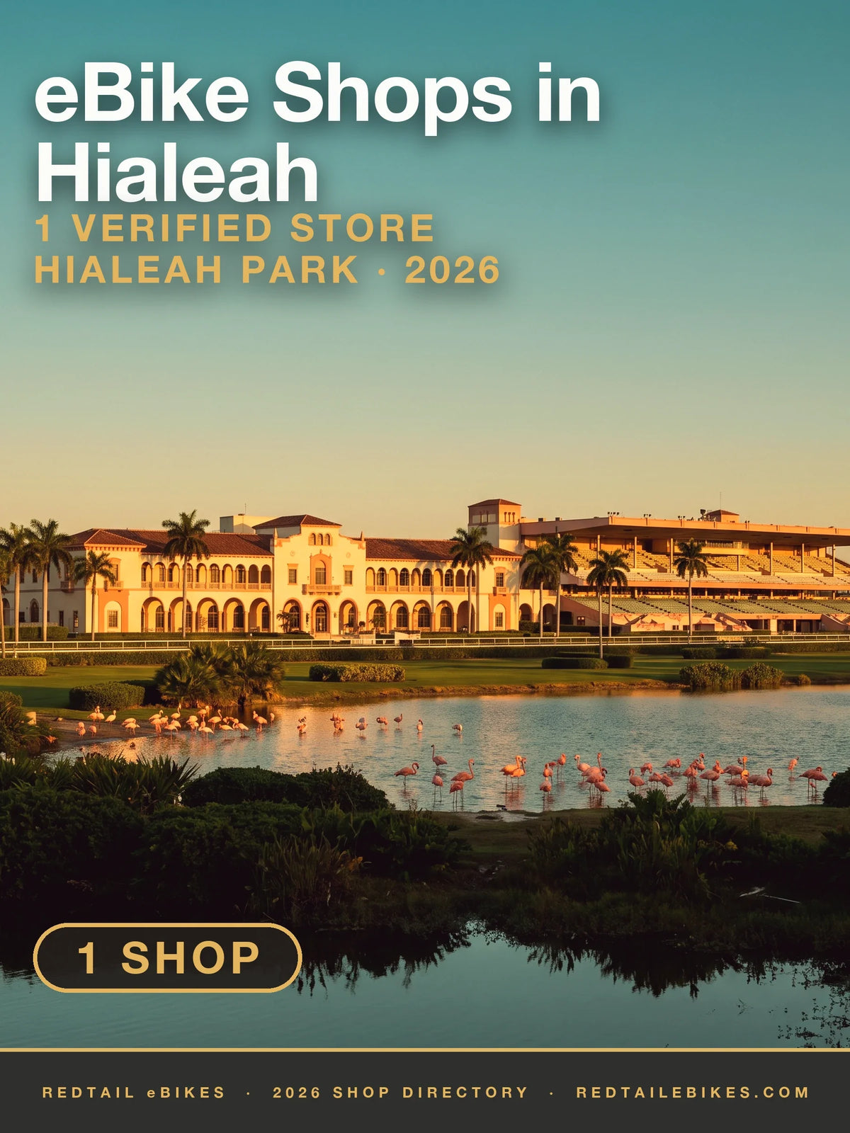 Hialeah Park's grandstand across the infield lake with flamingoes at golden hour