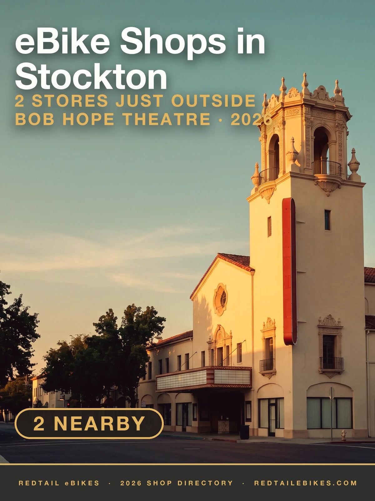 The Bob Hope Theatre tower on East Main Street in Stockton at golden hour
