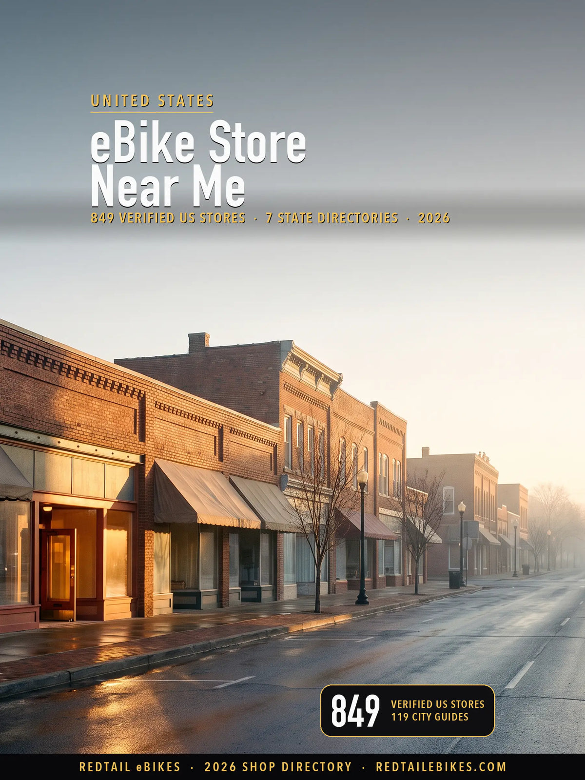Cover reading eBike Store Near Me, 849 verified US stores, 7 state directories, 119 city guides, over brick main-street storefronts with canvas awnings and street lamps, one shop lit, on a wet, empty street in morning mist