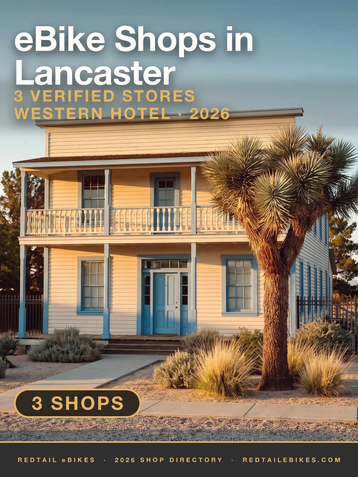 The Western Hotel Museum on West Lancaster Boulevard in Lancaster, California, a two-story cream clapboard building with sky-blue trim, a full-width upper balcony and a Joshua tree in the gravel yard