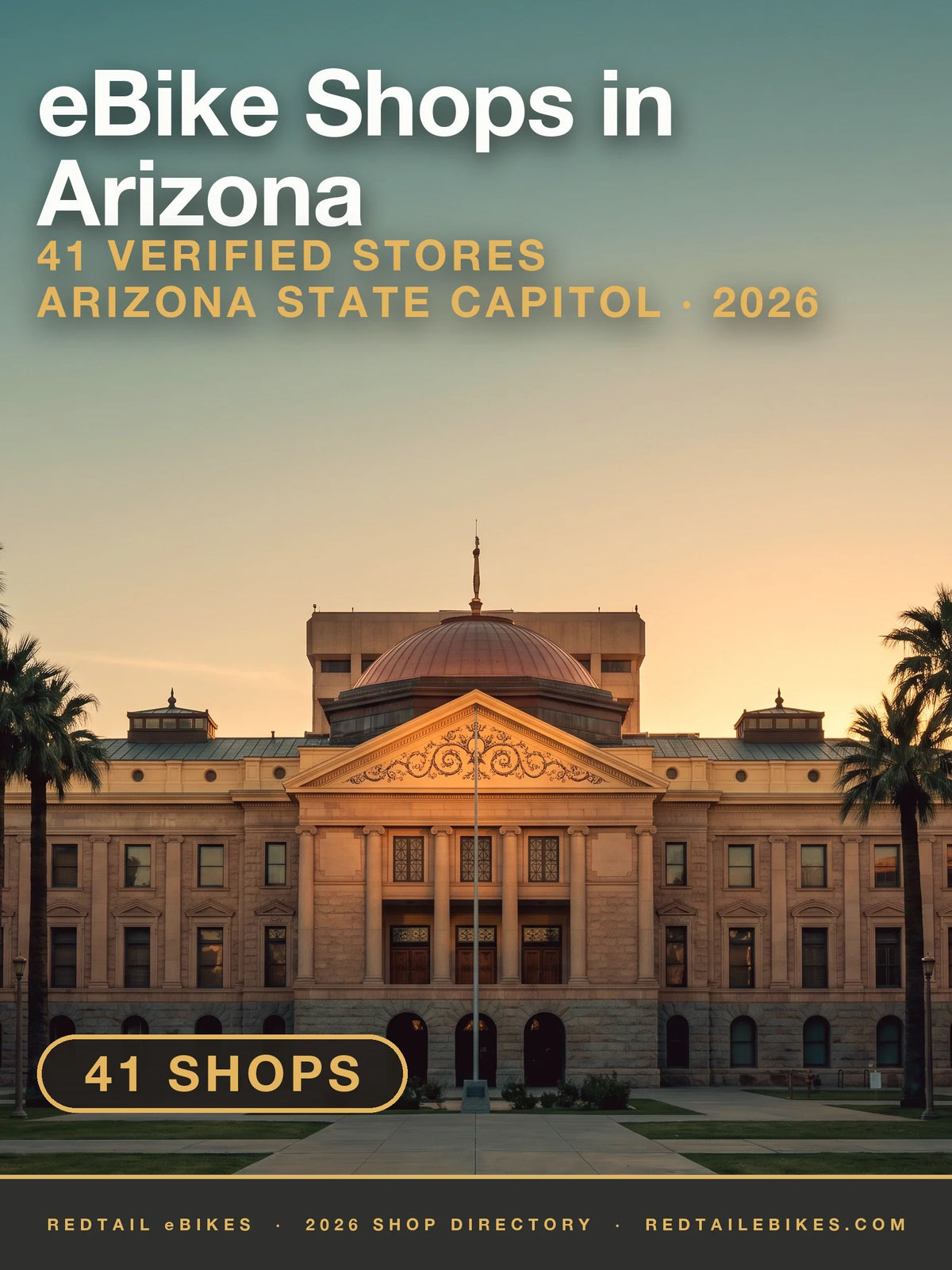 The Arizona State Capitol at the head of its palm-lined mall in Phoenix at golden hour