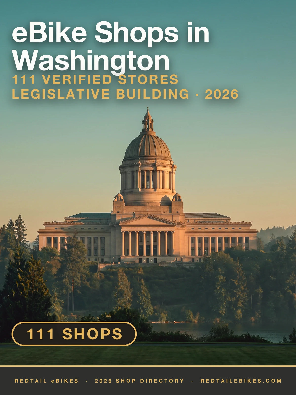 The Washington State Legislative Building and its dome above the Capitol campus at golden hour