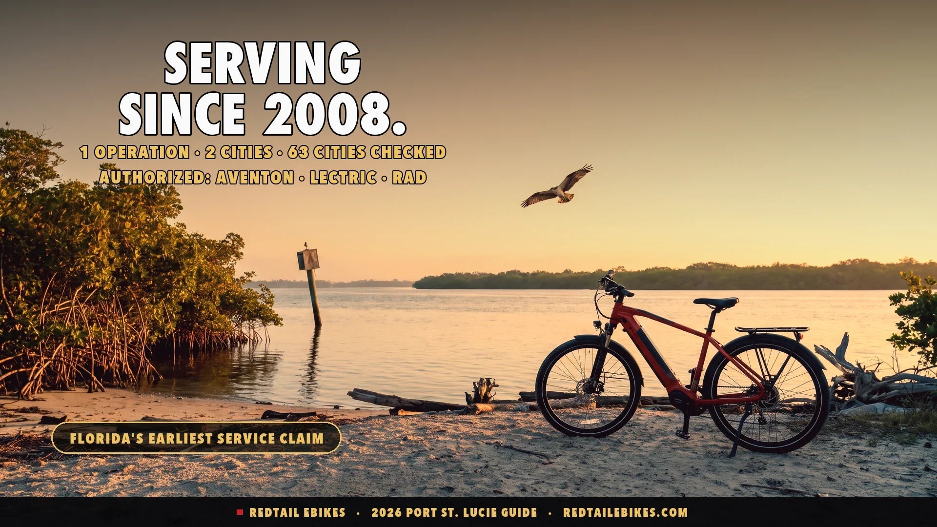 Electric bike at a mangrove-lined river overlook on the Treasure Coast at golden hour with an osprey overhead