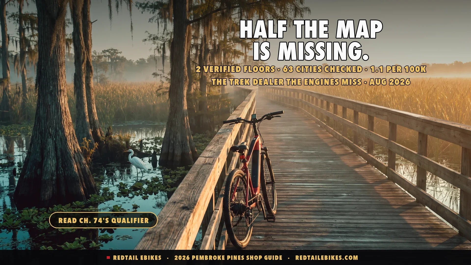 Electric bike at the edge of a cypress wetland boardwalk in west Pembroke Pines at first light with a great egret wading