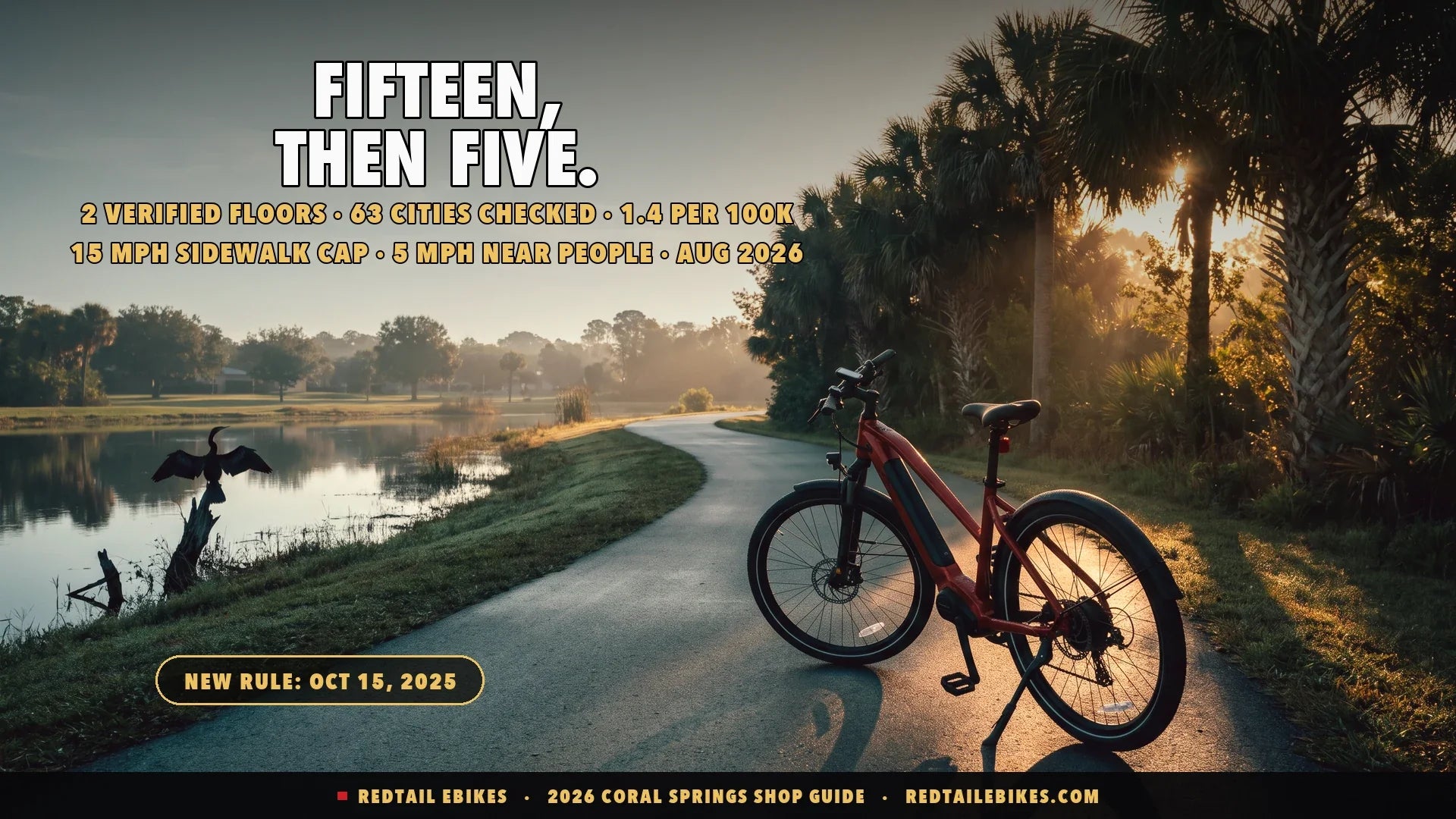 Electric bike on a paved path beside a Coral Springs wetland preserve at first light with an anhinga drying its wings