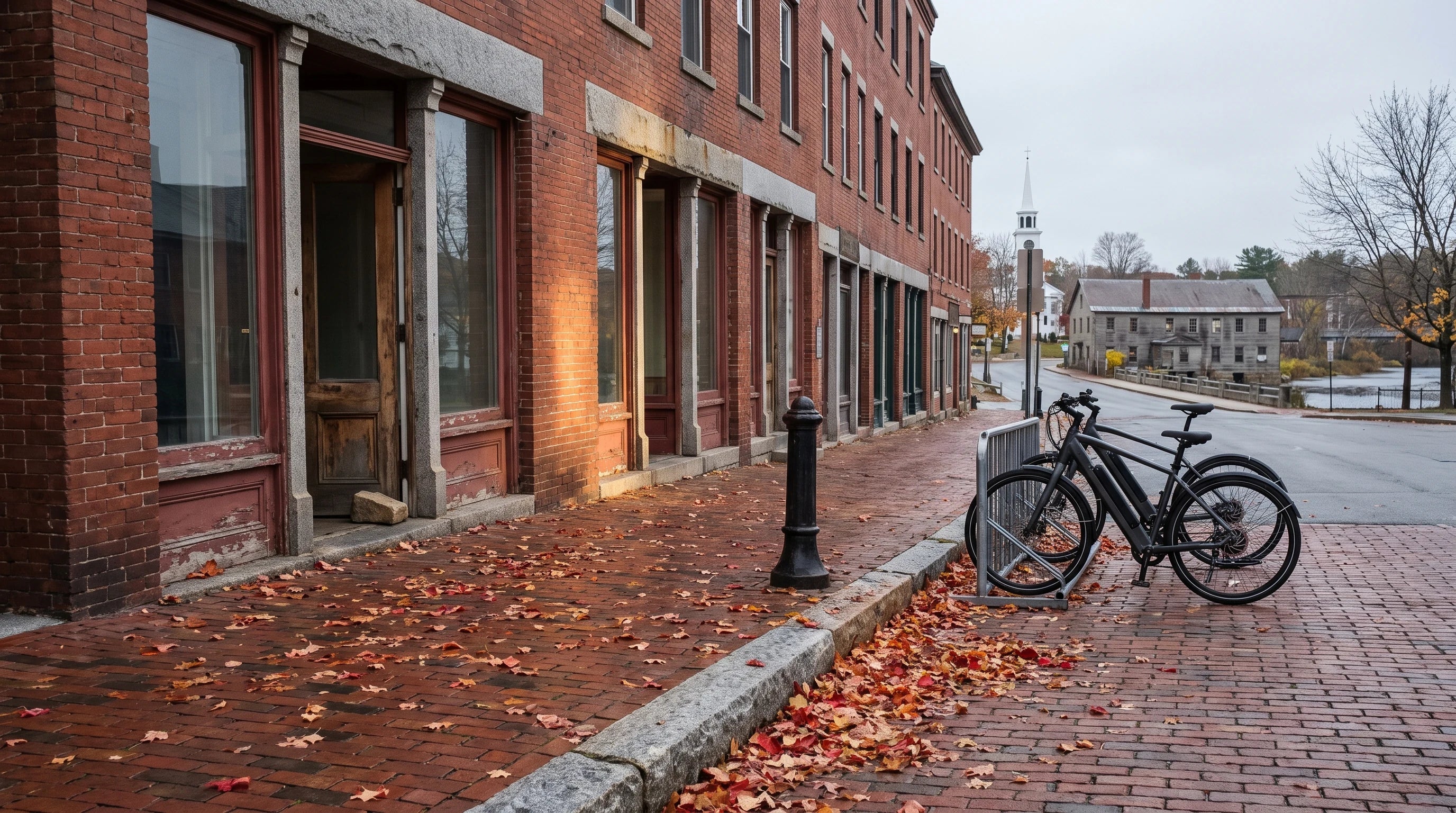 Electric bikes outside a brick bike shop on a New England main street