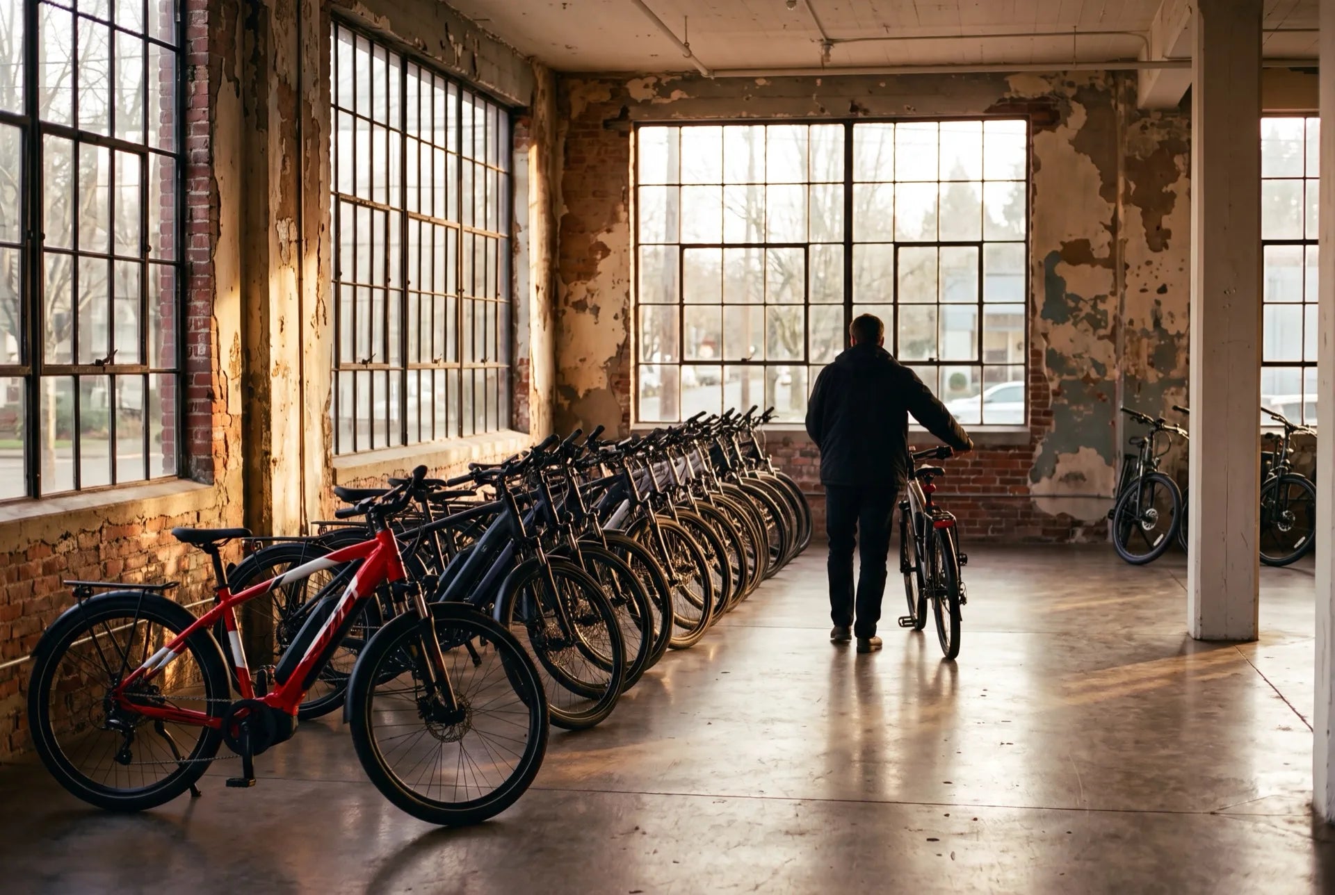 Electric bikes lined up inside a Portland, Oregon e-bike store showroom