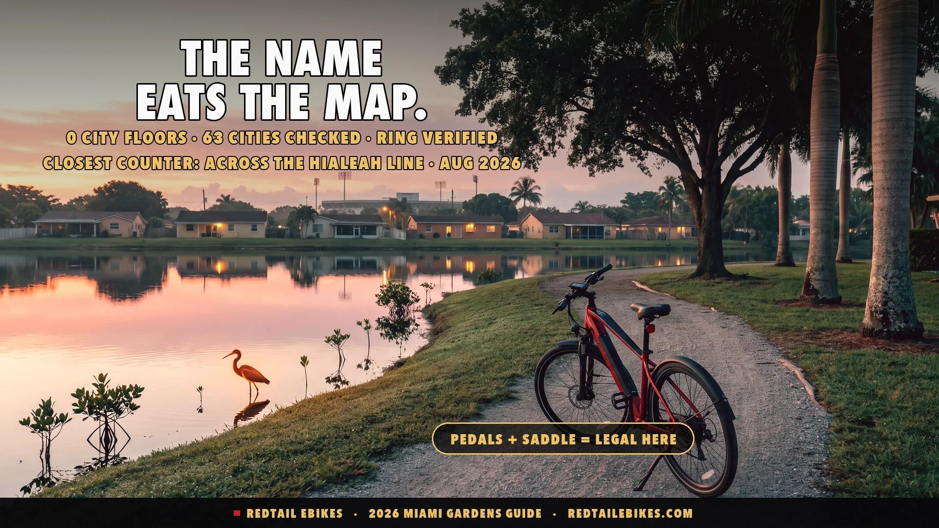 Electric bike on a lakeside path in Miami Gardens at dawn with a tricolored heron and royal palms
