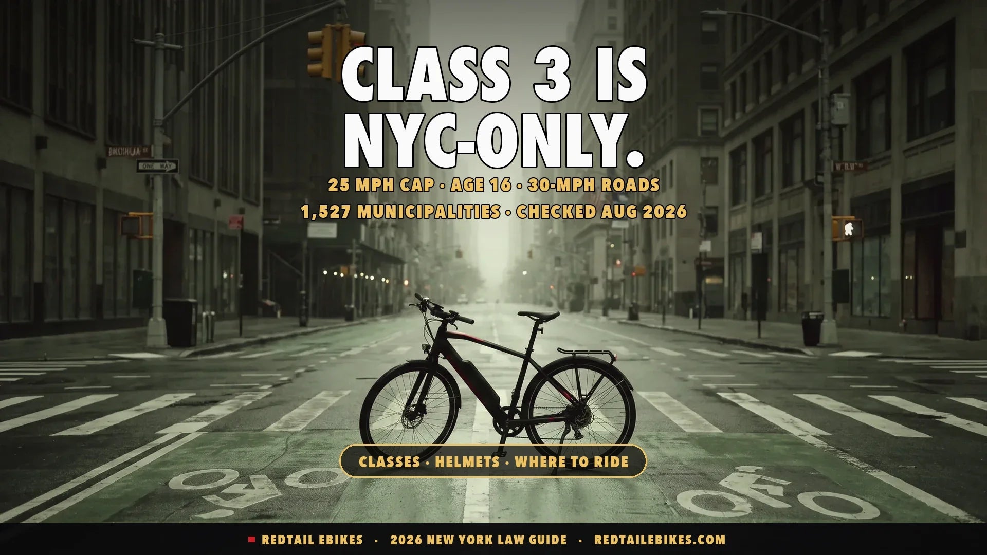Maya Torres riding a commuter e-bike in a green protected bike lane on a Manhattan avenue at dawn, where New York e-bike laws cap speeds and classes