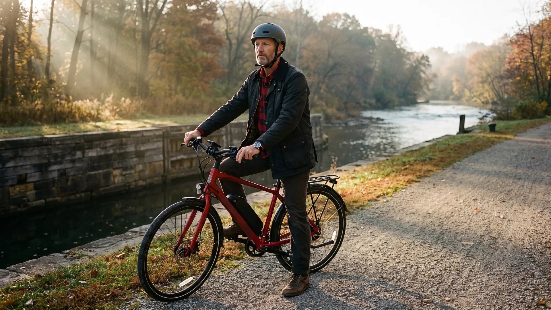 Rider in a fitted helmet astride a red electric commuter bike with a downtube battery on the crushed-limestone Ohio & Erie Canal Towpath Trail beside a stone canal lock, the Cuyahoga River and autumn woods behind in morning mist
