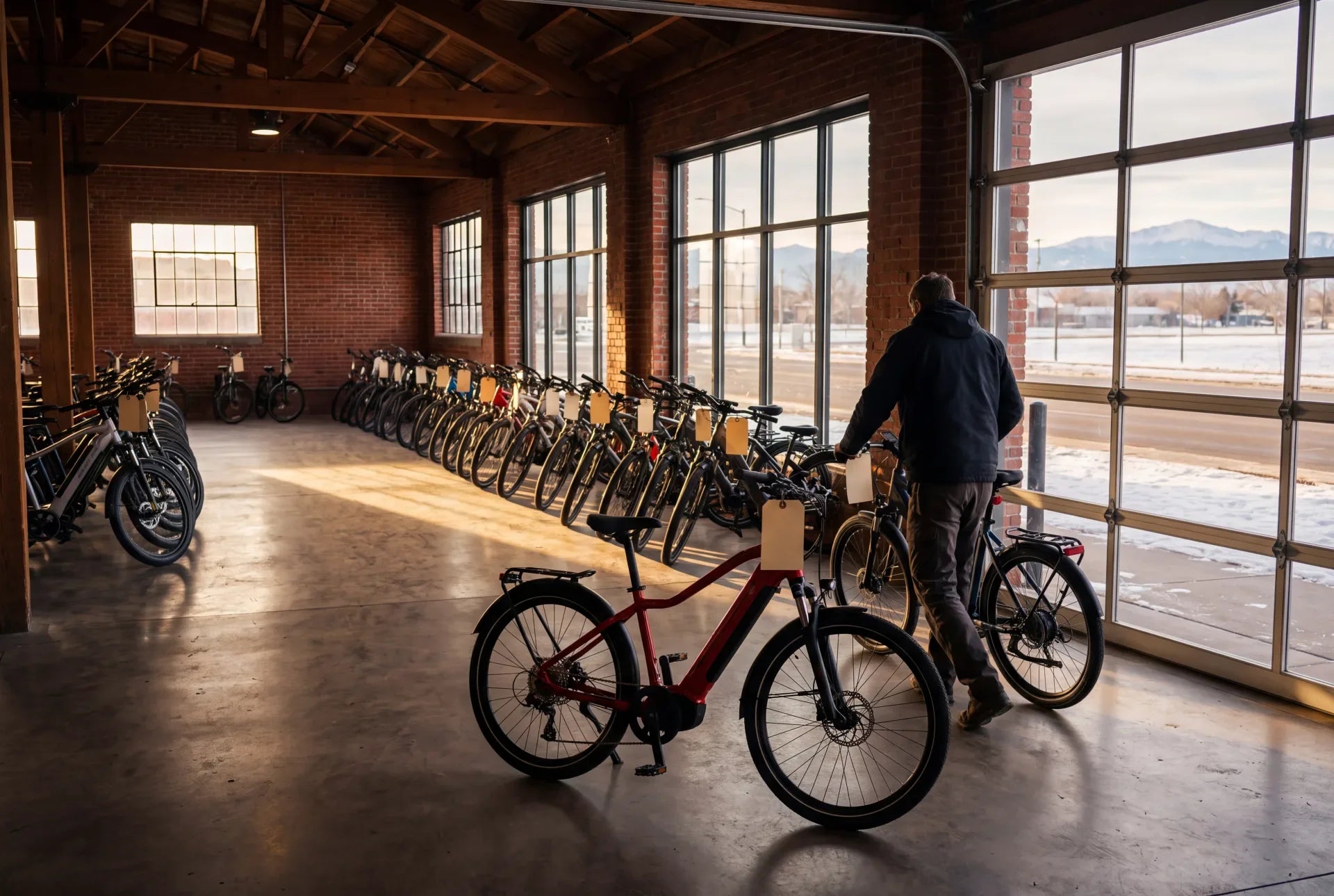 Electric bikes lined up inside a Denver, Colorado electric bike store showroom