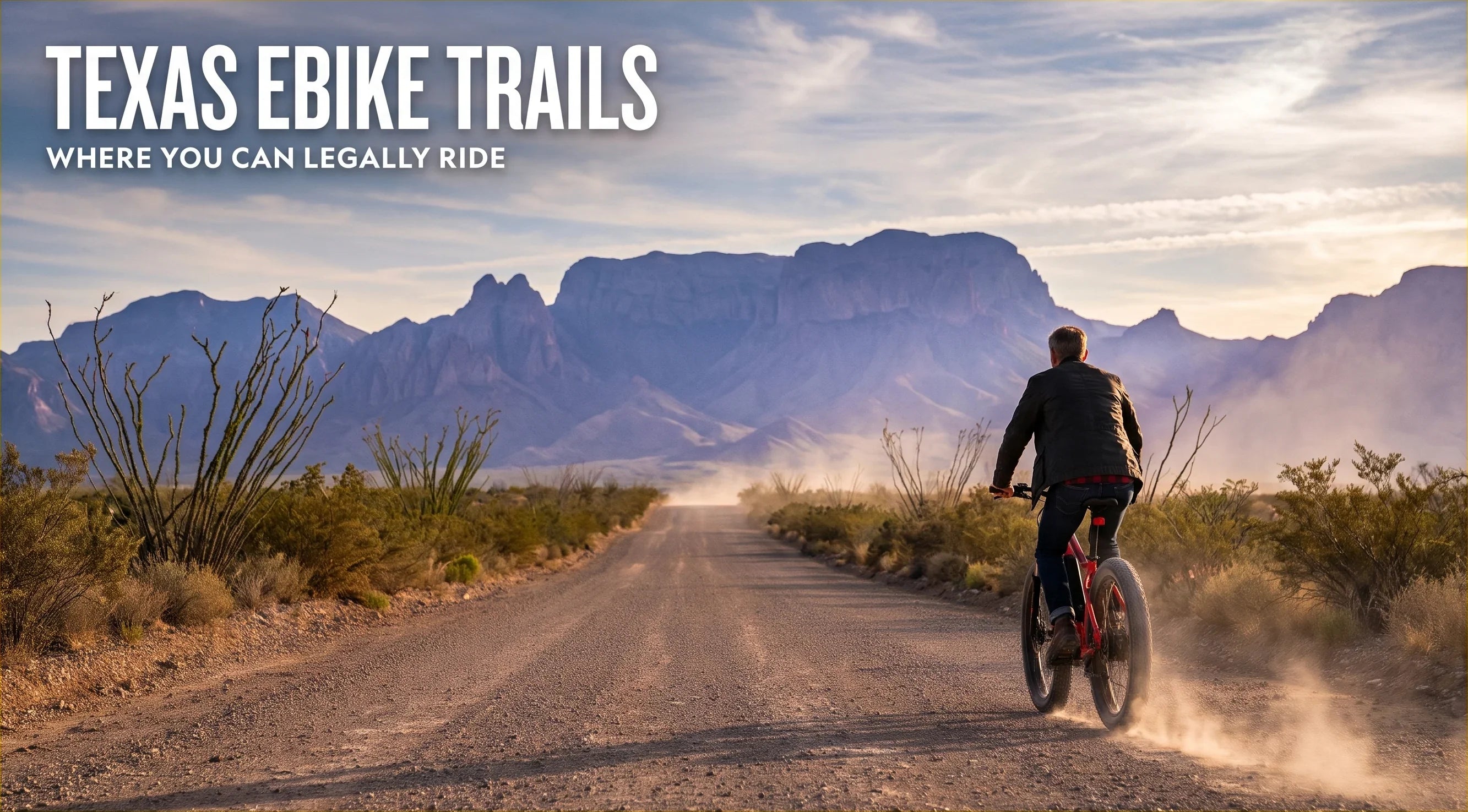 Rider on an electric bike on a wide dirt backcountry road in the Texas desert
