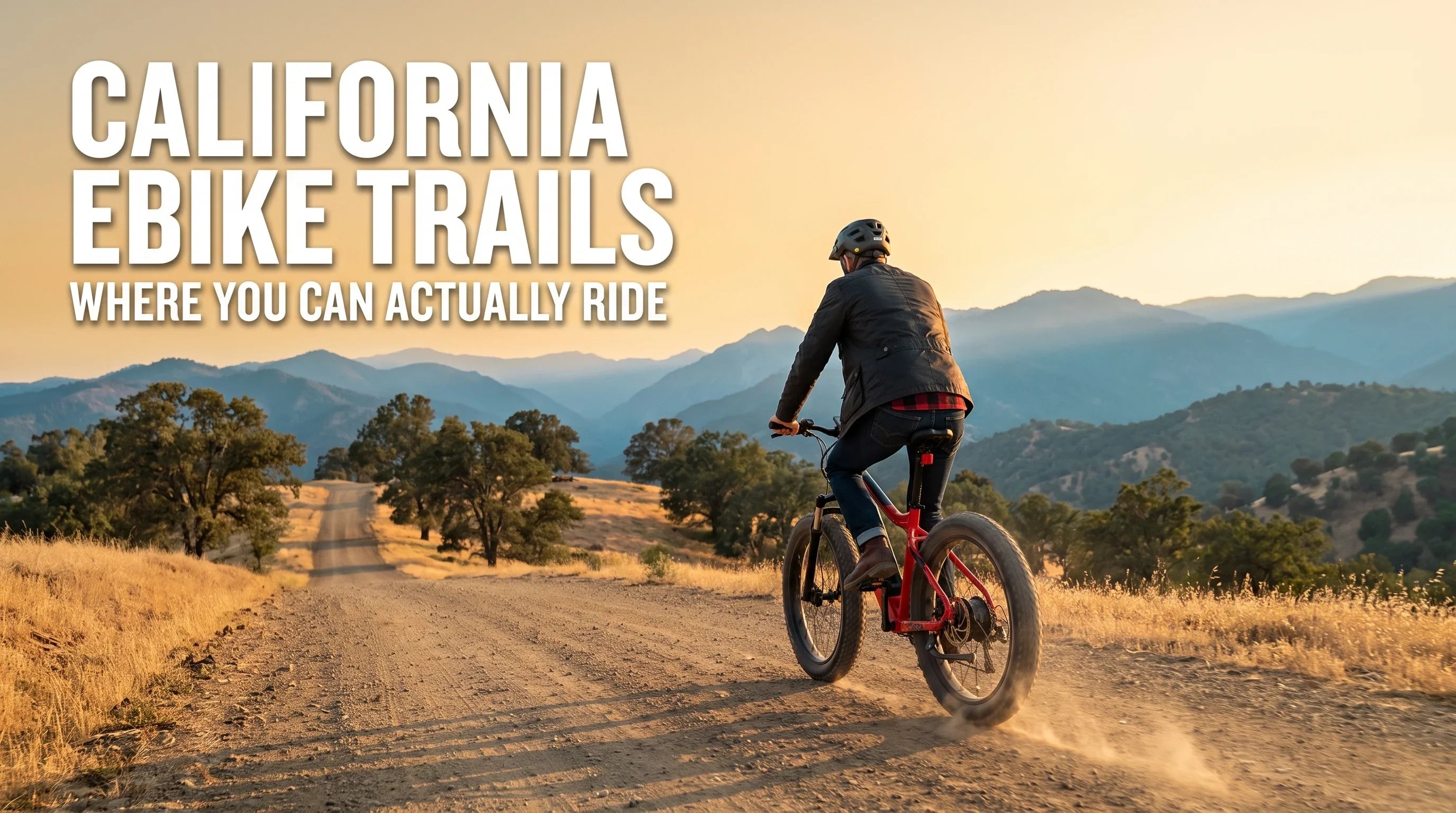 Rider on a Class 1 electric bike on a wide California fire road trail