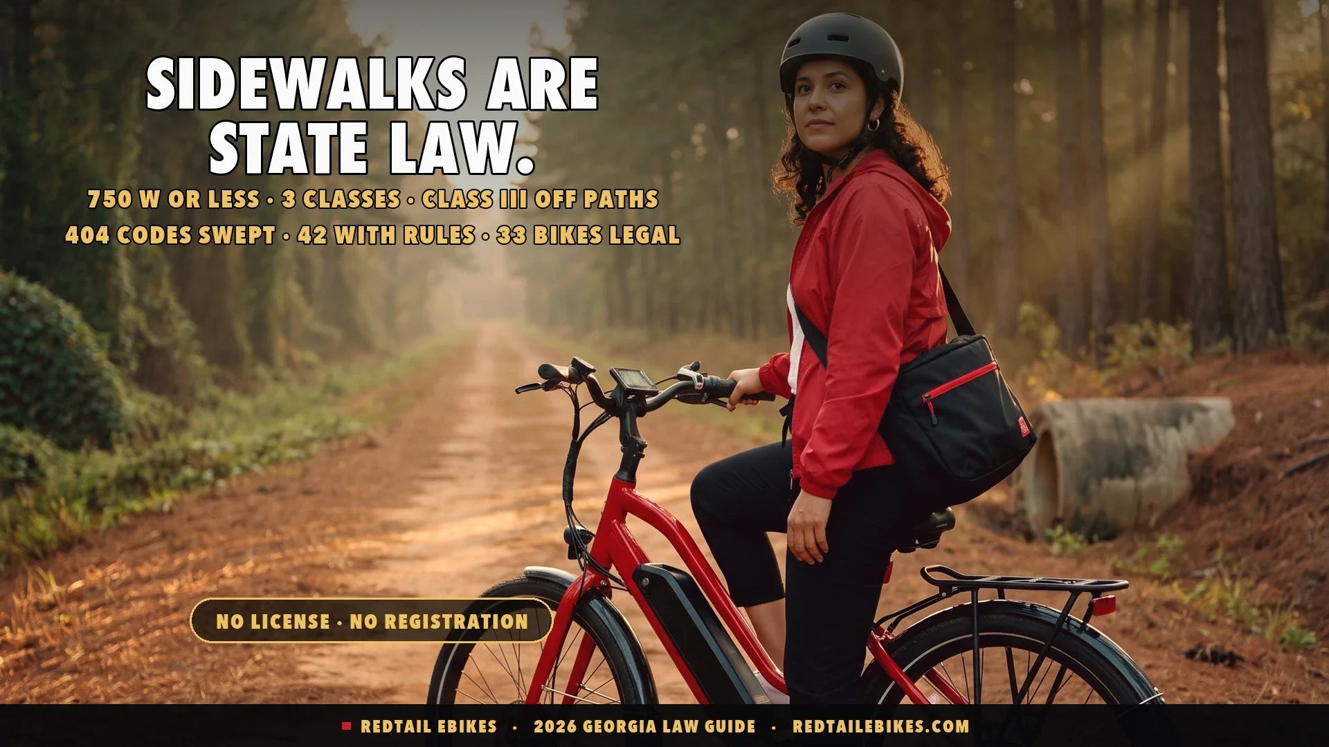 Rider in a fitted helmet on a red electric commuter bike with a downtube battery on a pine-shaded Georgia rail trail at golden hour, red clay shoulder and longleaf pines receding behind