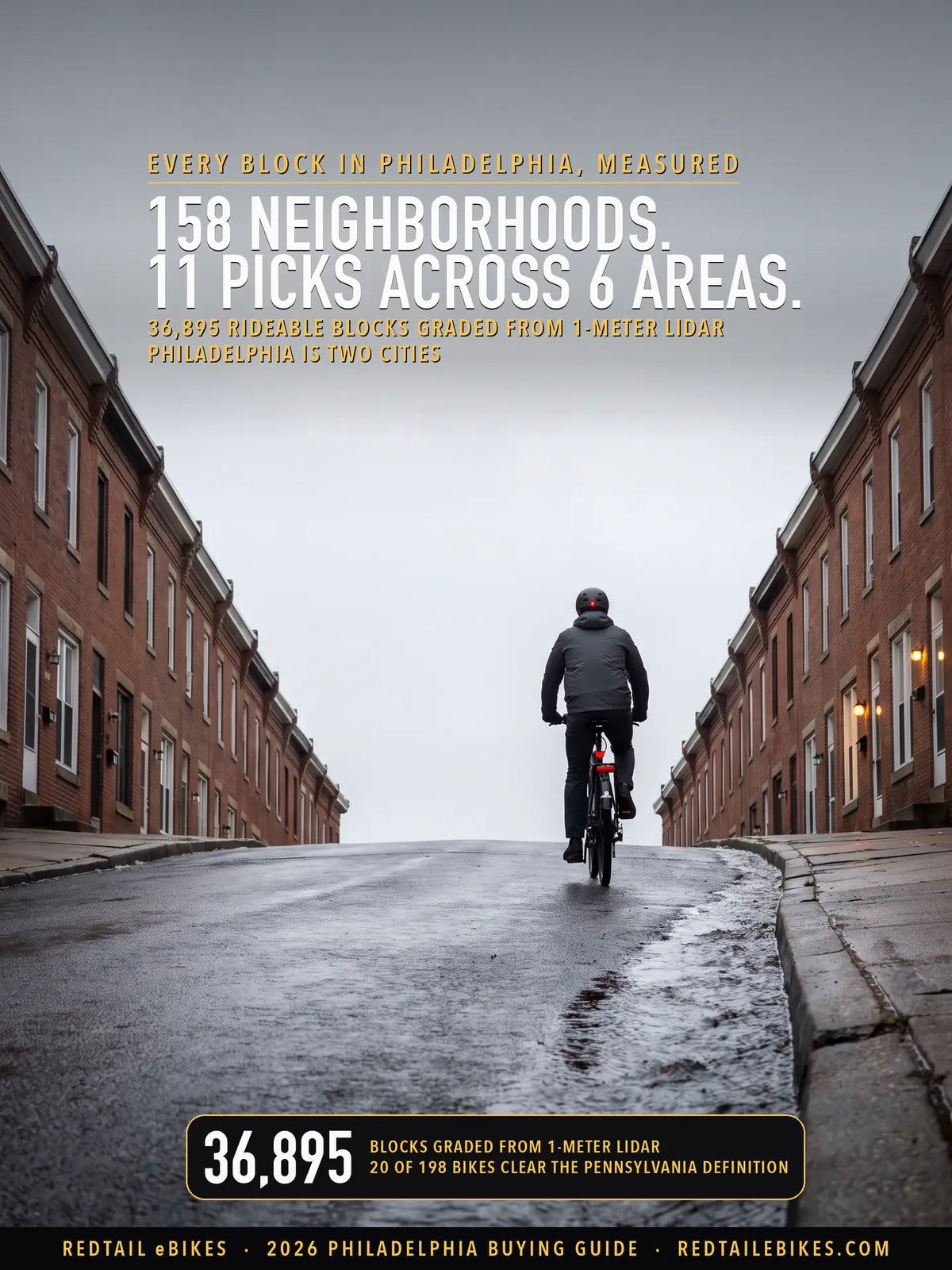 A rider climbing a wet street between rows of brick rowhouses under an overcast sky