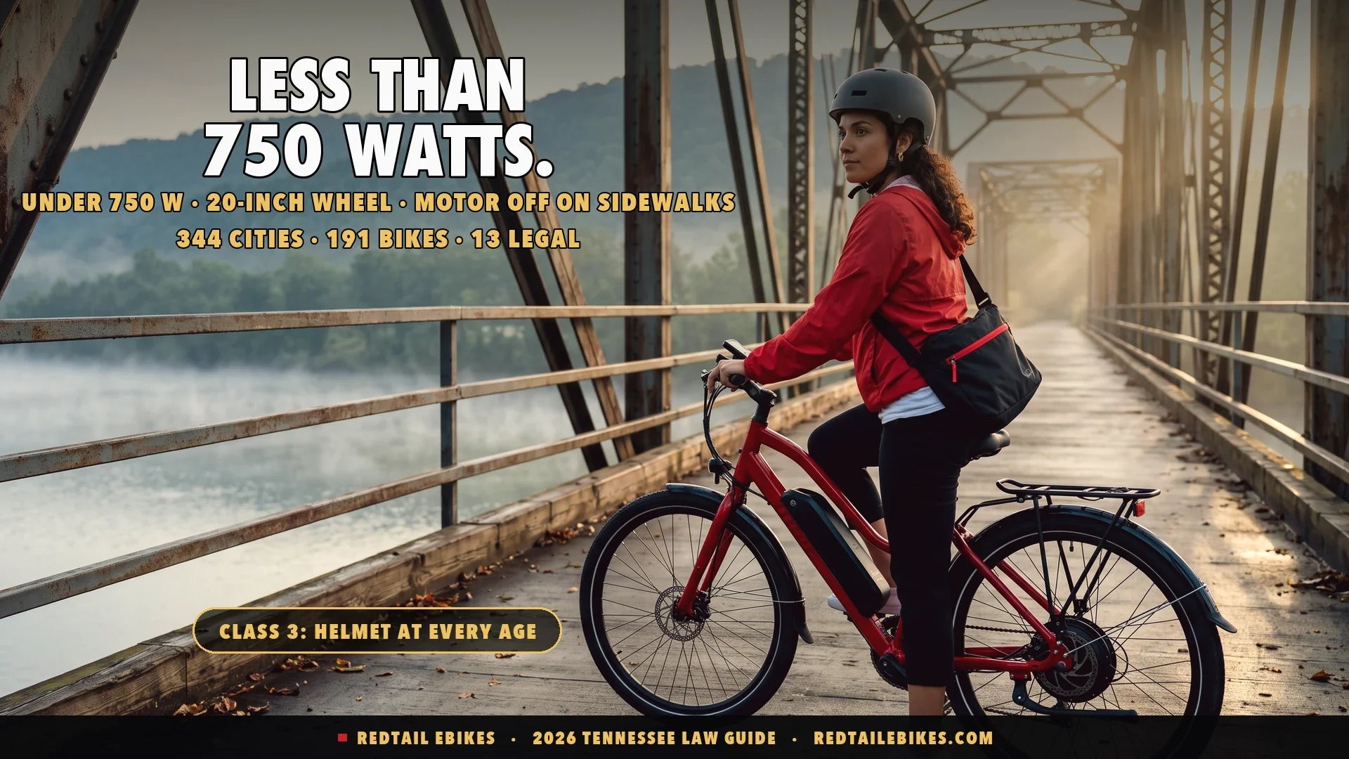 Rider in a fitted helmet on a red electric commuter bike on a greenway bridge over a Tennessee river at dawn, forested ridge and river mist behind, steel truss framing the path