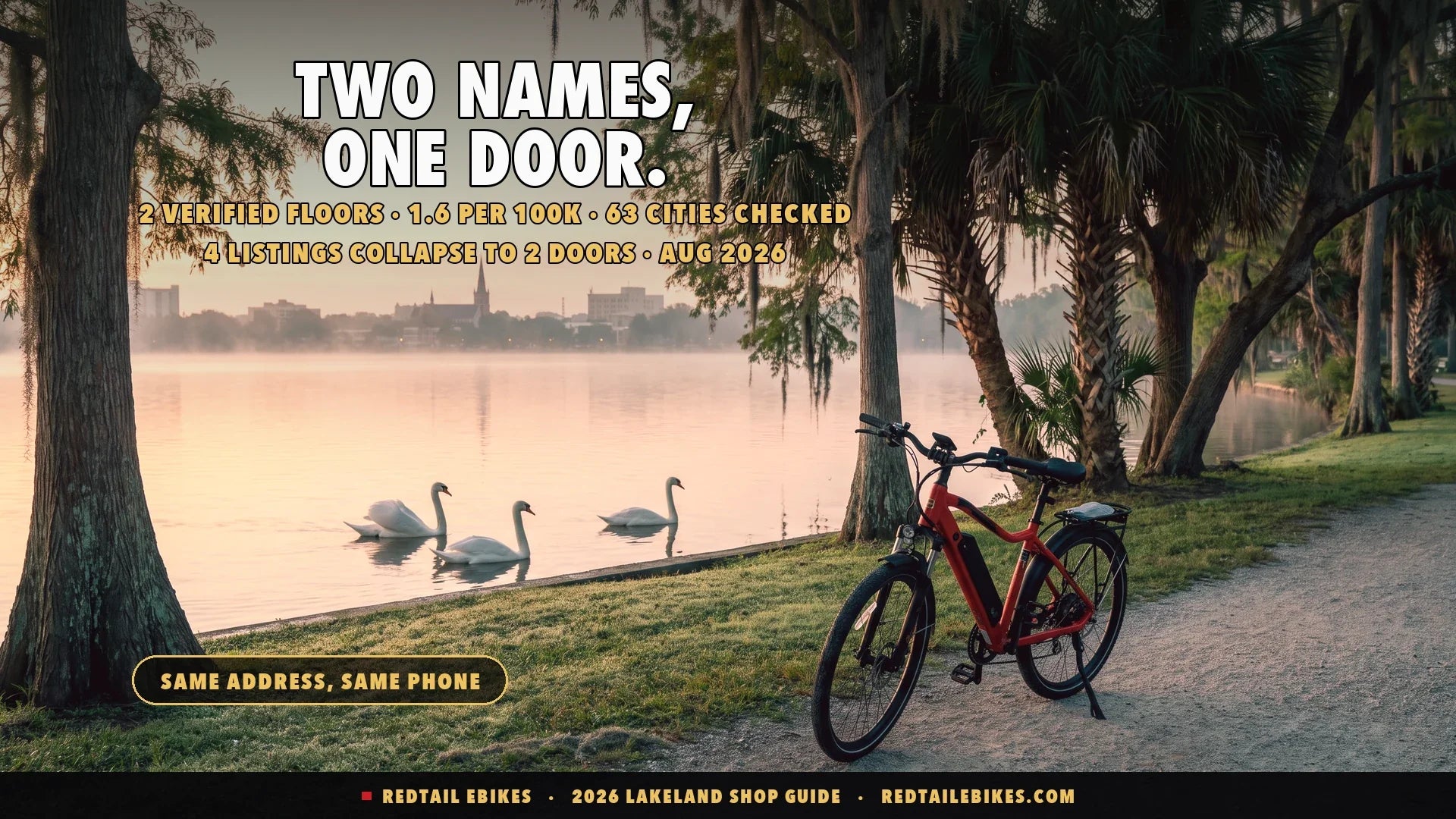 Electric bike beside Lake Morton in Lakeland at dawn with white swans on the water and cypress trees