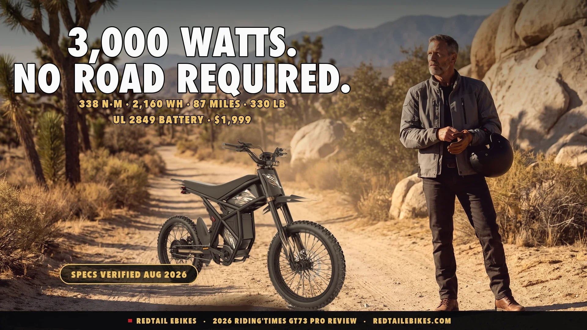 Riding'times GT73 Pro electric dirt motorbike on a California desert fire road