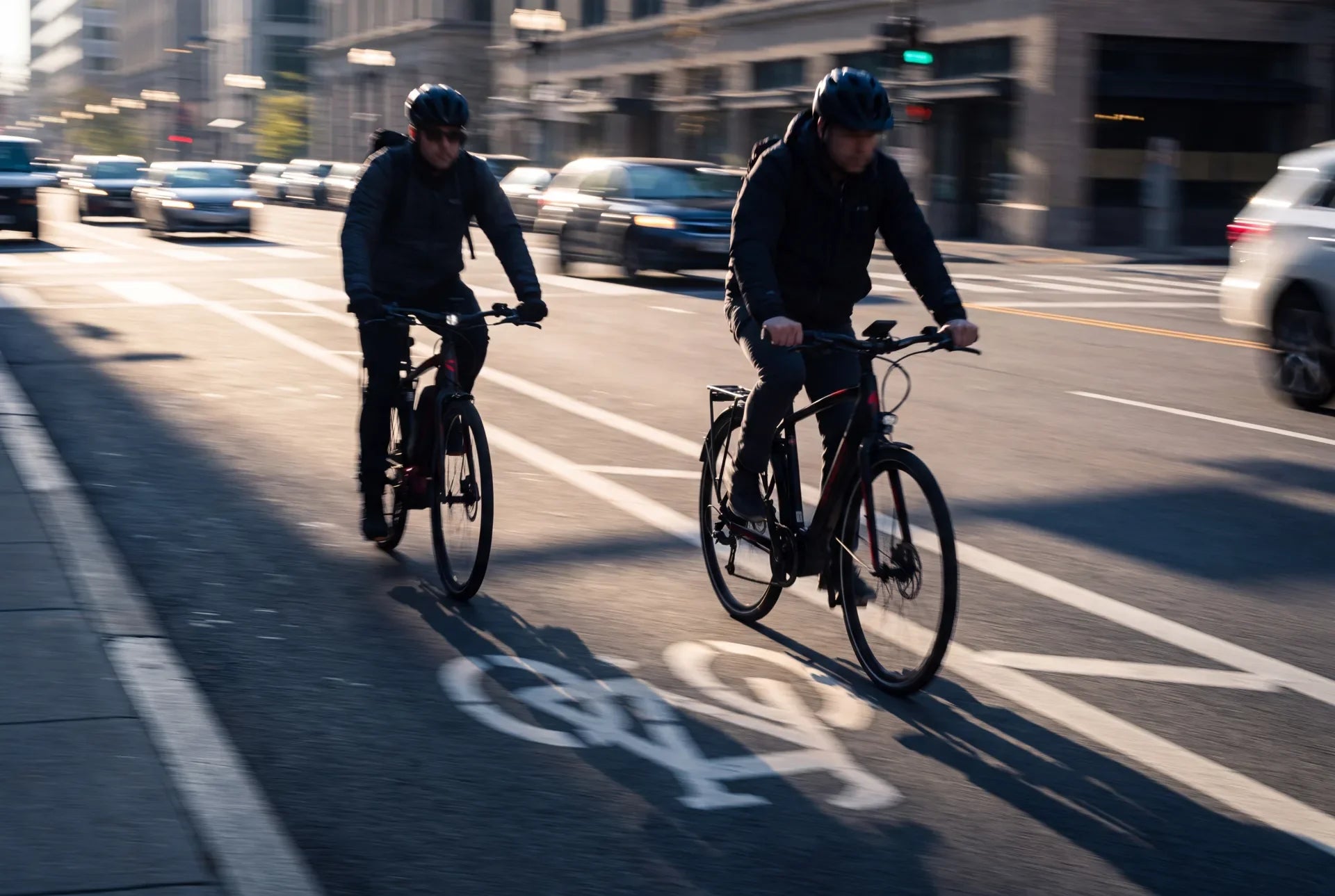 Cyclist riding a Class 1 electric bike in a marked bike lane, where US electric bike laws set which classes may ride