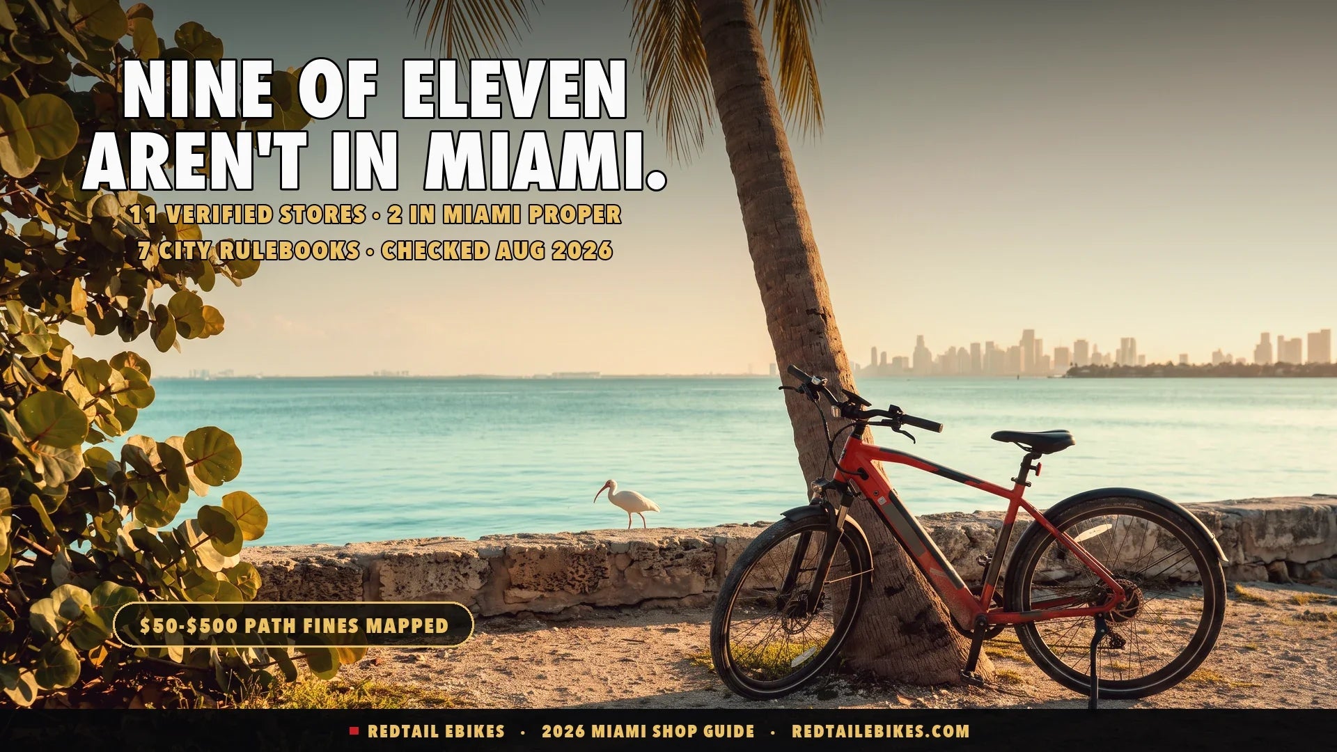 Electric bike leaning against a palm tree at a turquoise Biscayne Bay overlook at golden hour in Miami