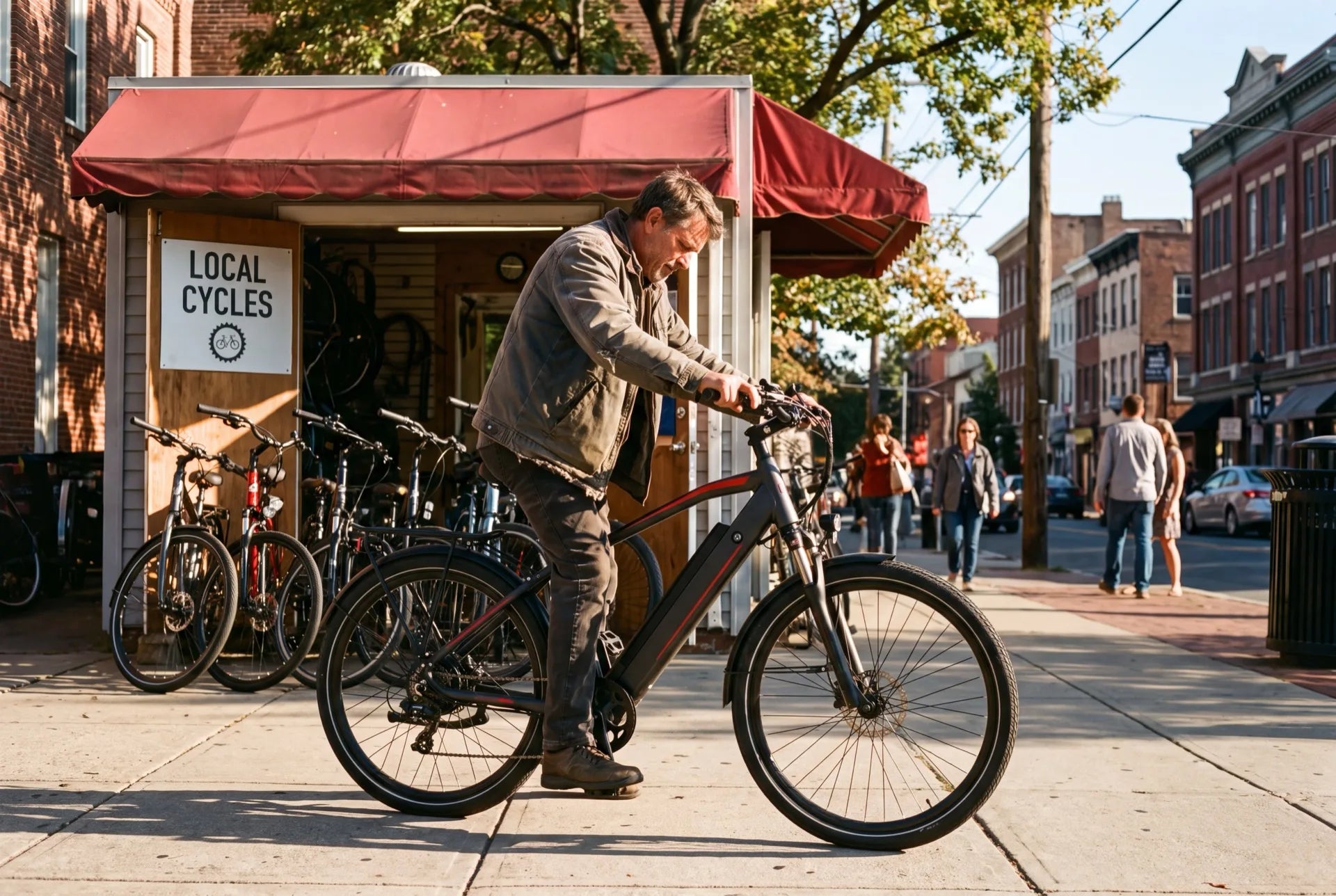 Customer test-riding an electric bike outside a local ebike store
