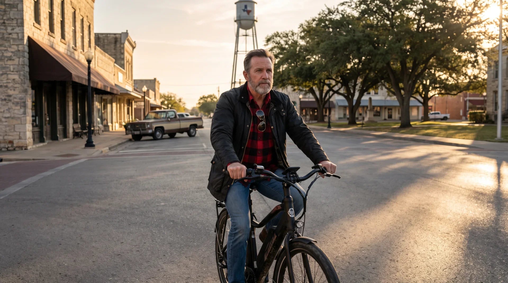 Jack Mercer riding a commuter e-bike down a small-town Texas main street at sunrise, limestone storefronts and a water tower behind — Texas e-bike laws give every class the road