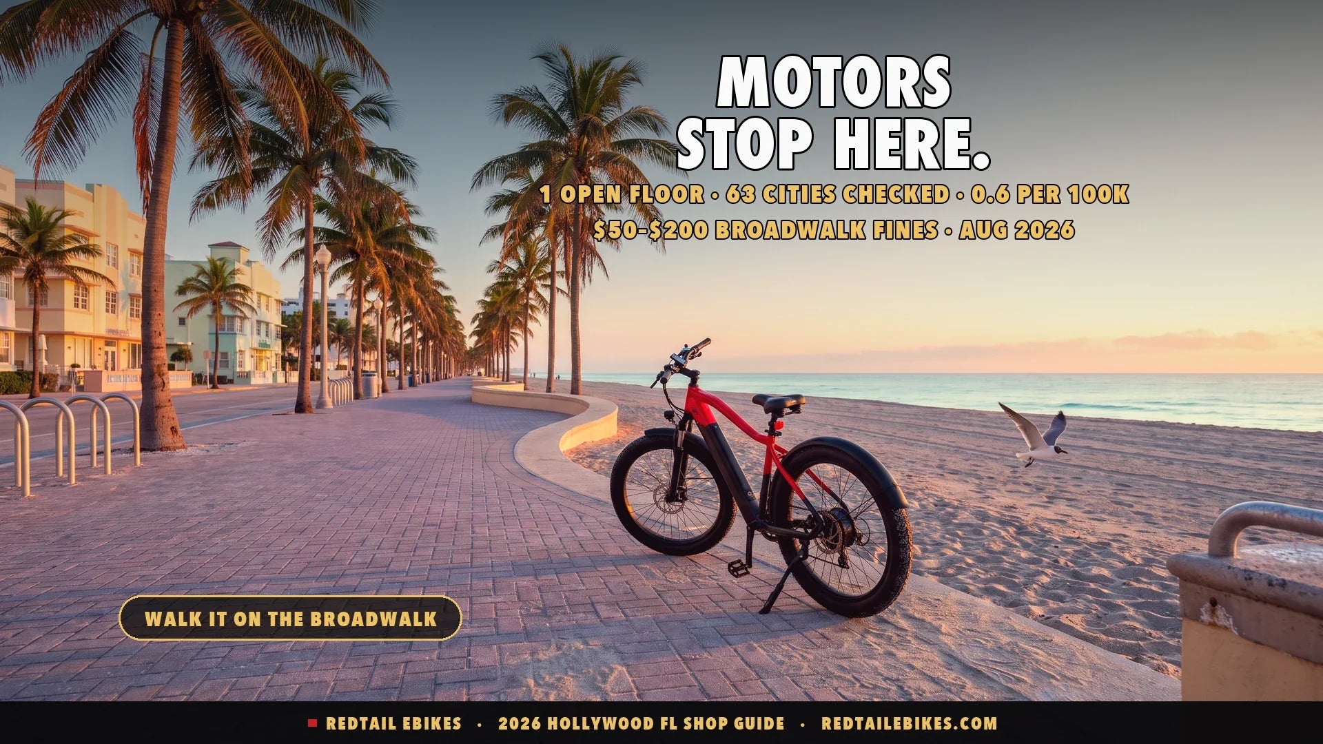Electric bike parked at the edge of the Hollywood Beach Broadwalk at dawn with palms and the Atlantic behind