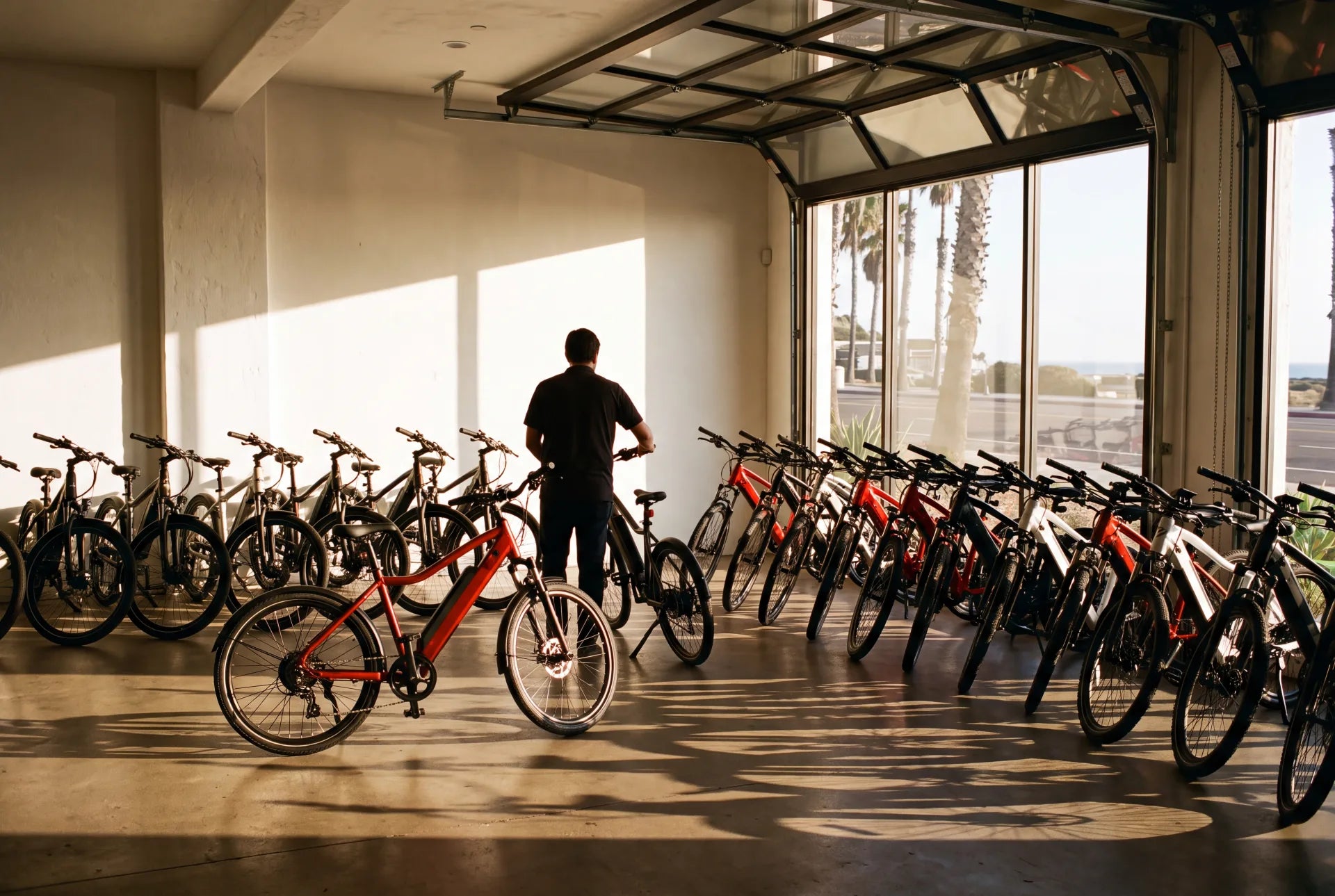 Electric bikes lined up inside a San Diego, CA ebike store showroom
