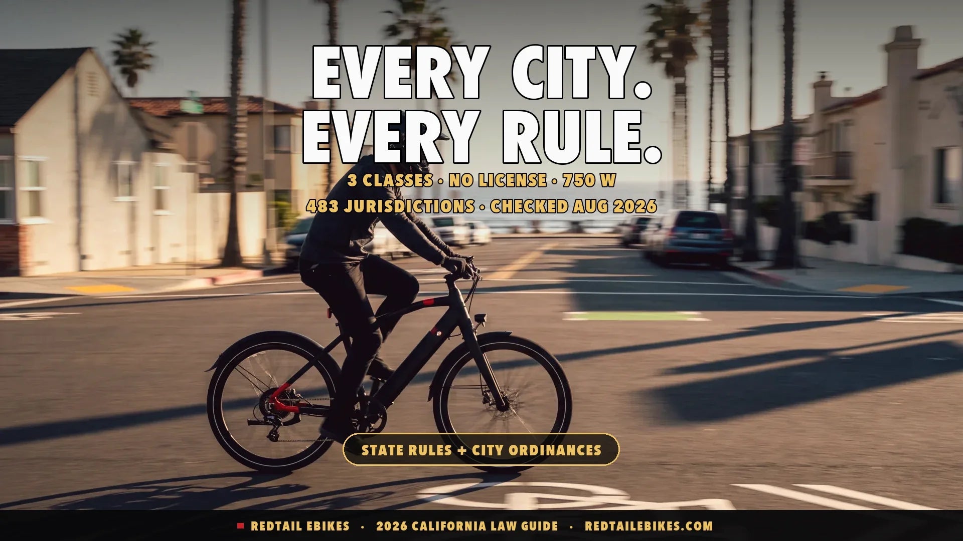 Rider on a Class 3 electric bike in a marked California bike lane at sunset