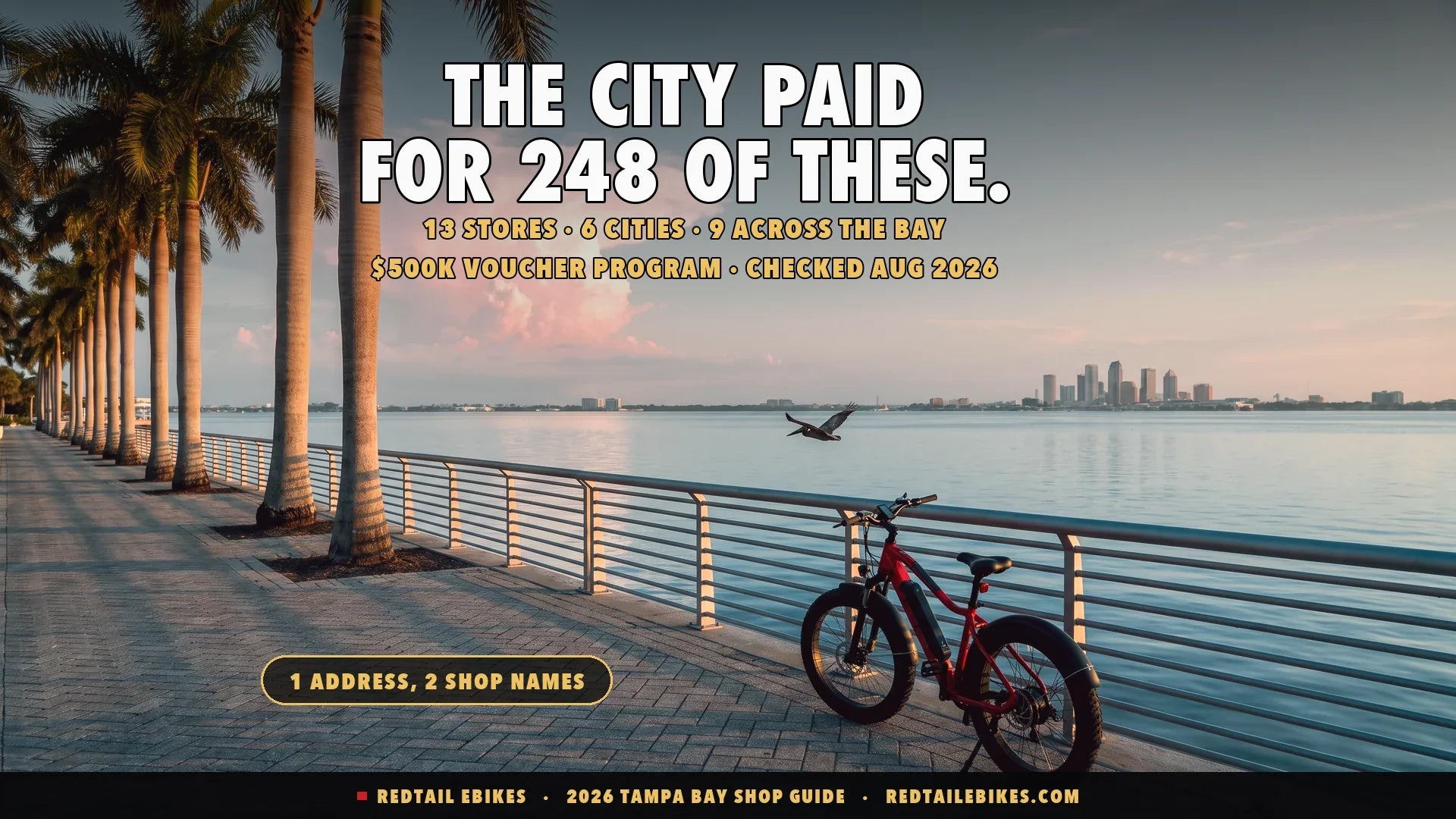 Electric bike at a Tampa Bay waterfront path railing at golden hour with the skyline across the water