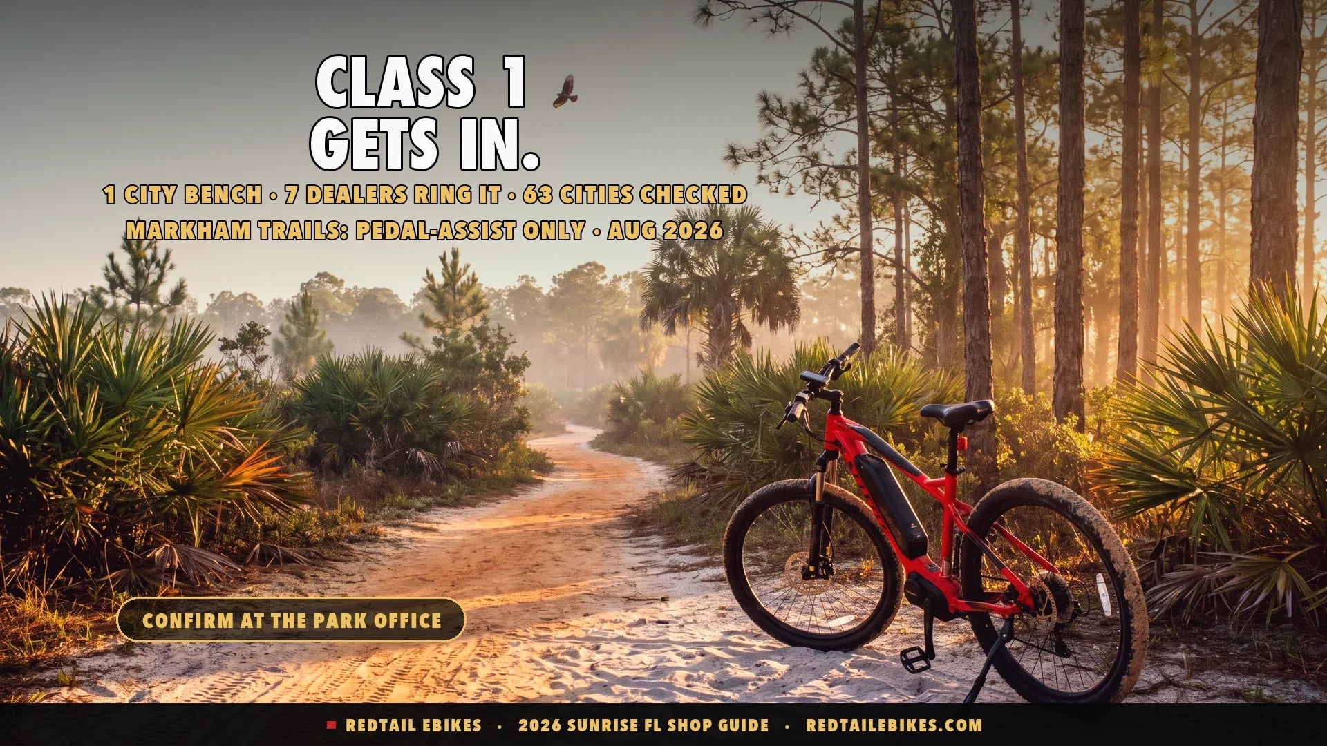 Electric bike at a sandy singletrack trailhead at the Everglades edge of Sunrise at daybreak with a red-shouldered hawk overhead