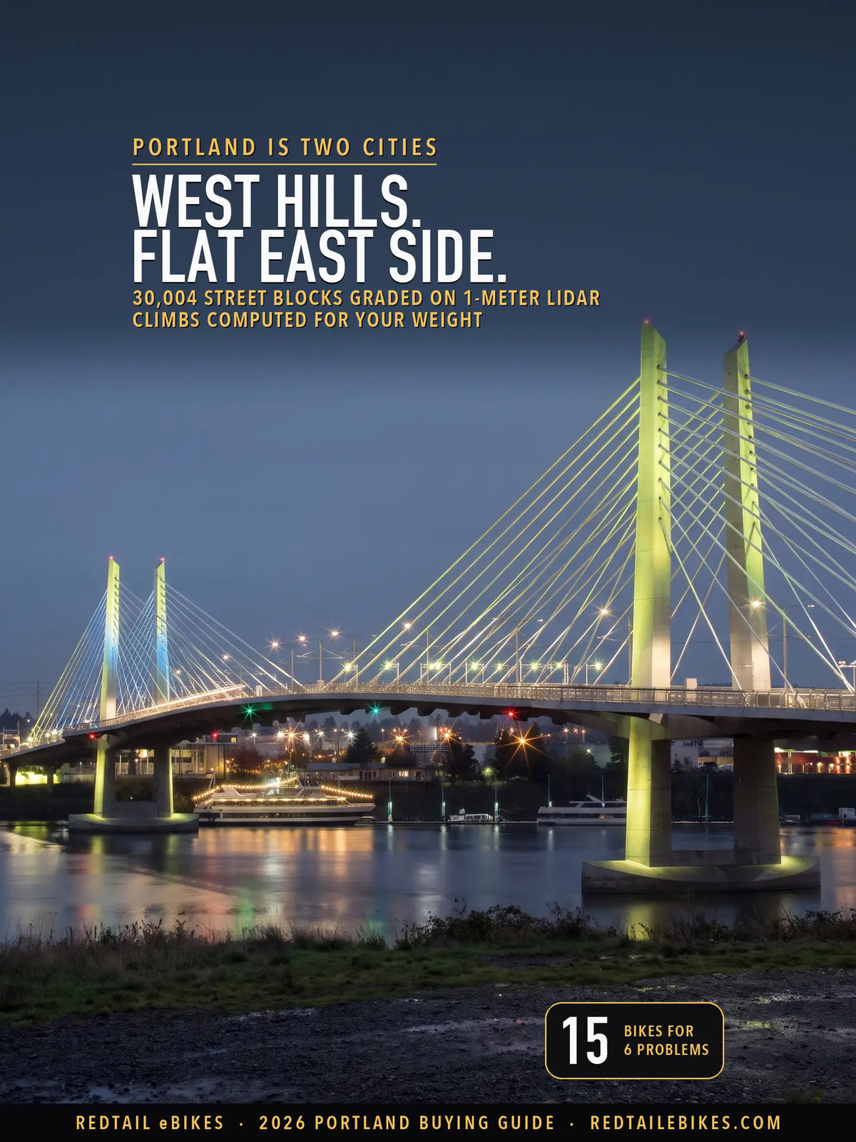 Tilikum Crossing over the Willamette River in Portland at blue hour, its stay cables and towers lit lime green and blue and two river cruise boats moored on the far bank, under the headline West Hills, flat east side