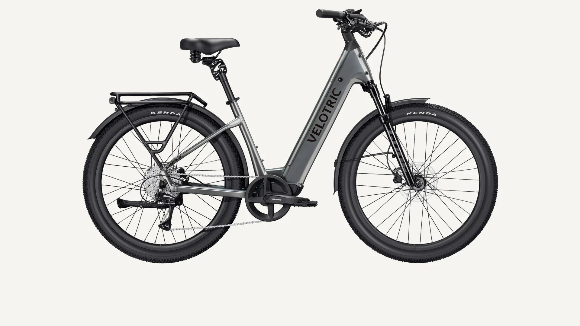Step-through commuter electric bike photographed on a plain studio background