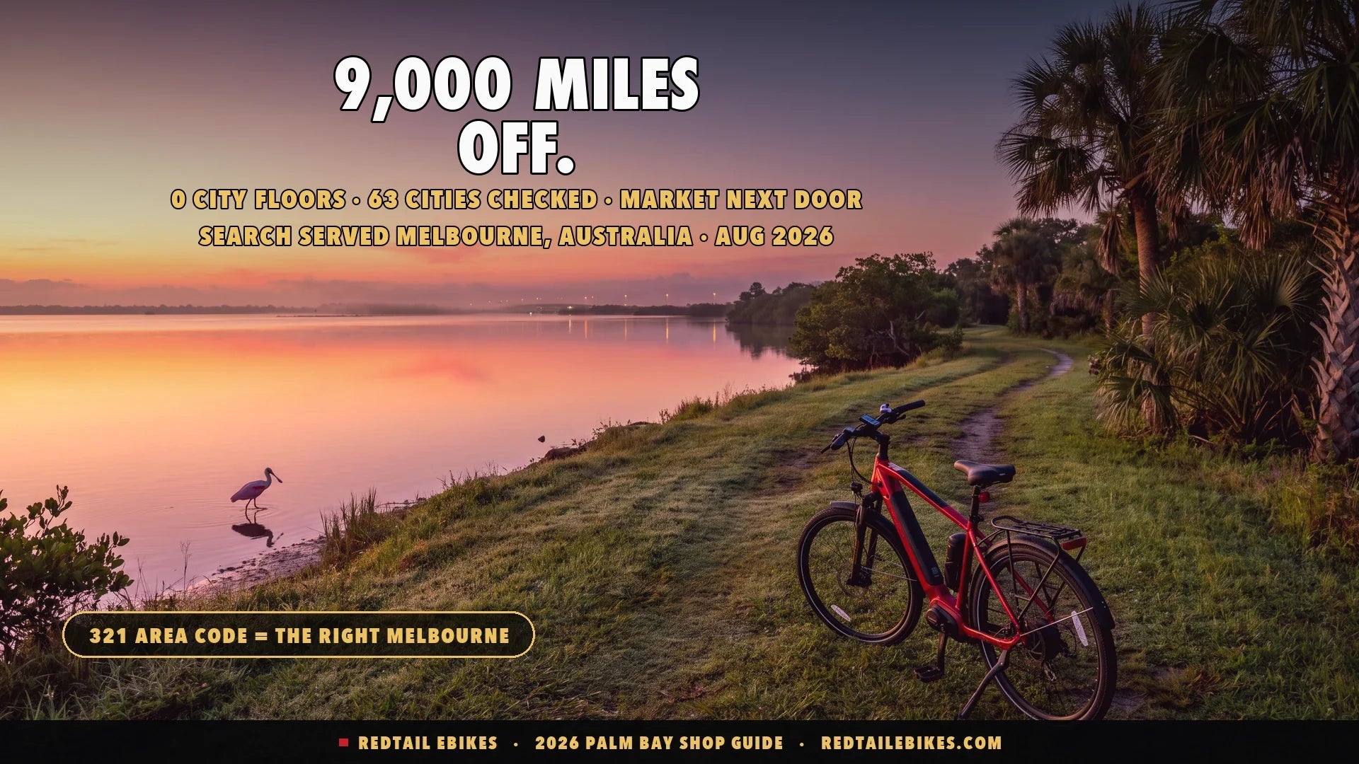 Electric bike on a grassy shore of the Indian River Lagoon at Palm Bay at dawn with a roseate spoonbill wading