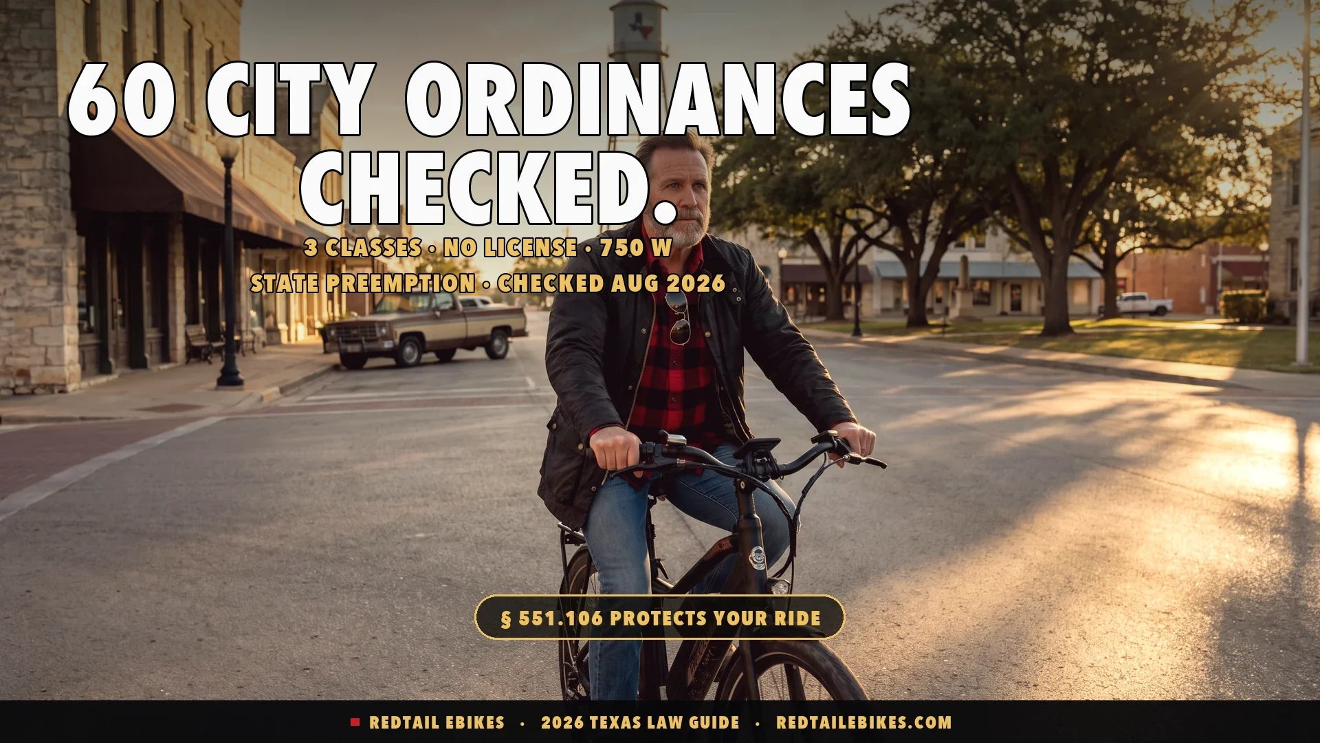 Jack Mercer riding a commuter e-bike down a small-town Texas main street at sunrise, limestone storefronts and a water tower behind — Texas e-bike laws give every class the road