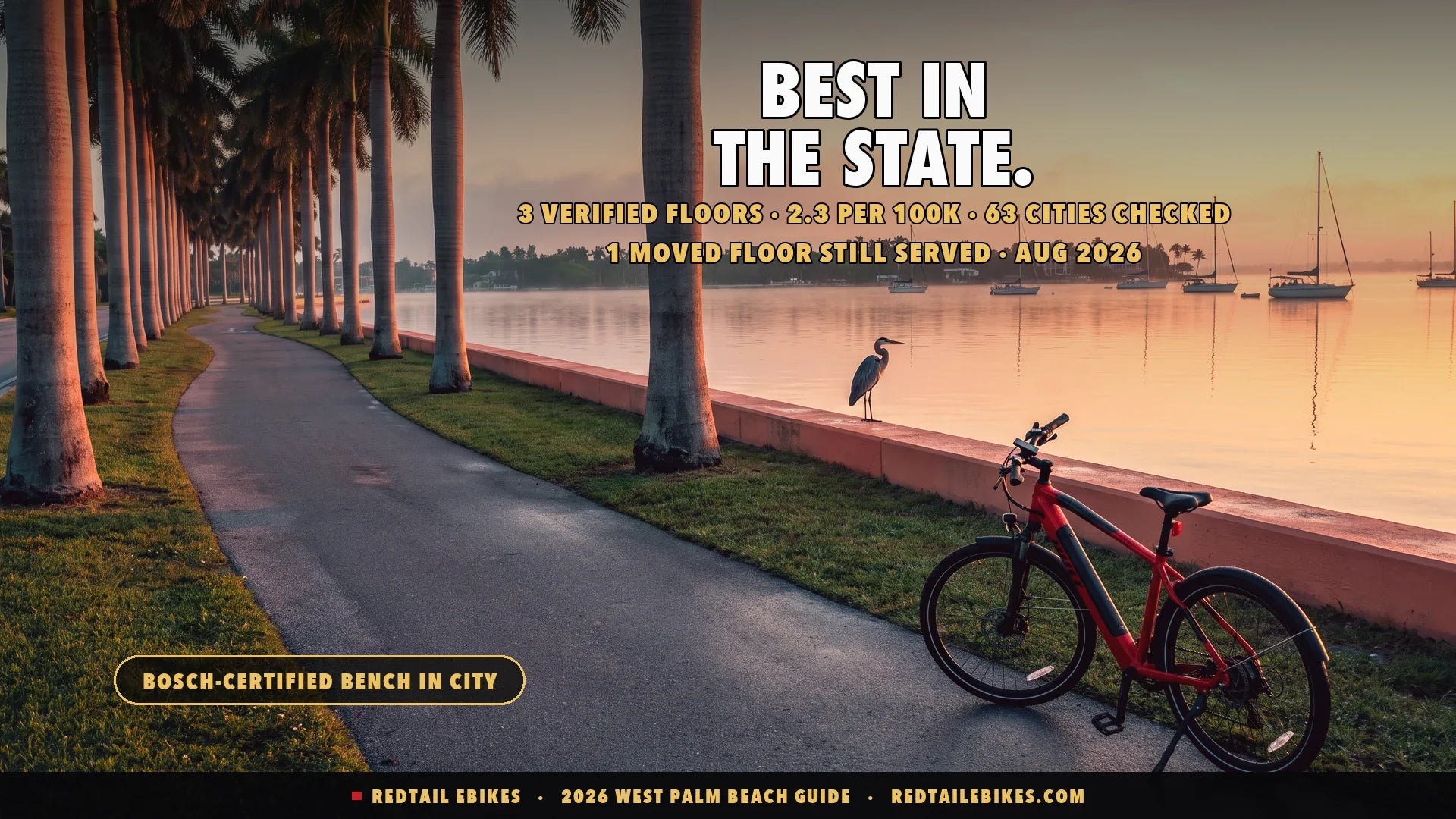 Electric bike on the Flagler Drive waterfront path in West Palm Beach at first light with royal palms and the Lake Worth Lagoon