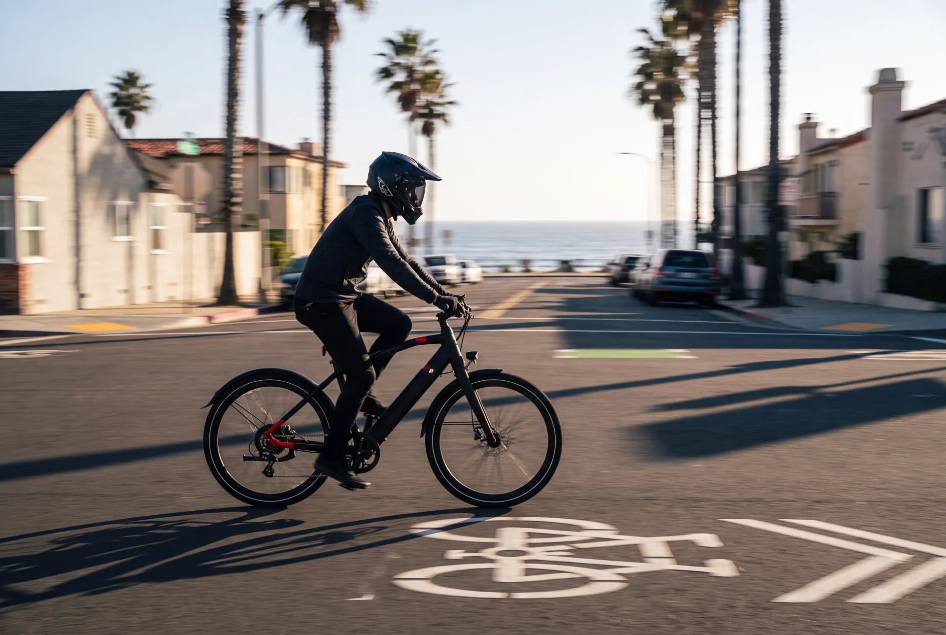 Rider on a Class 3 electric bike in a marked California bike lane