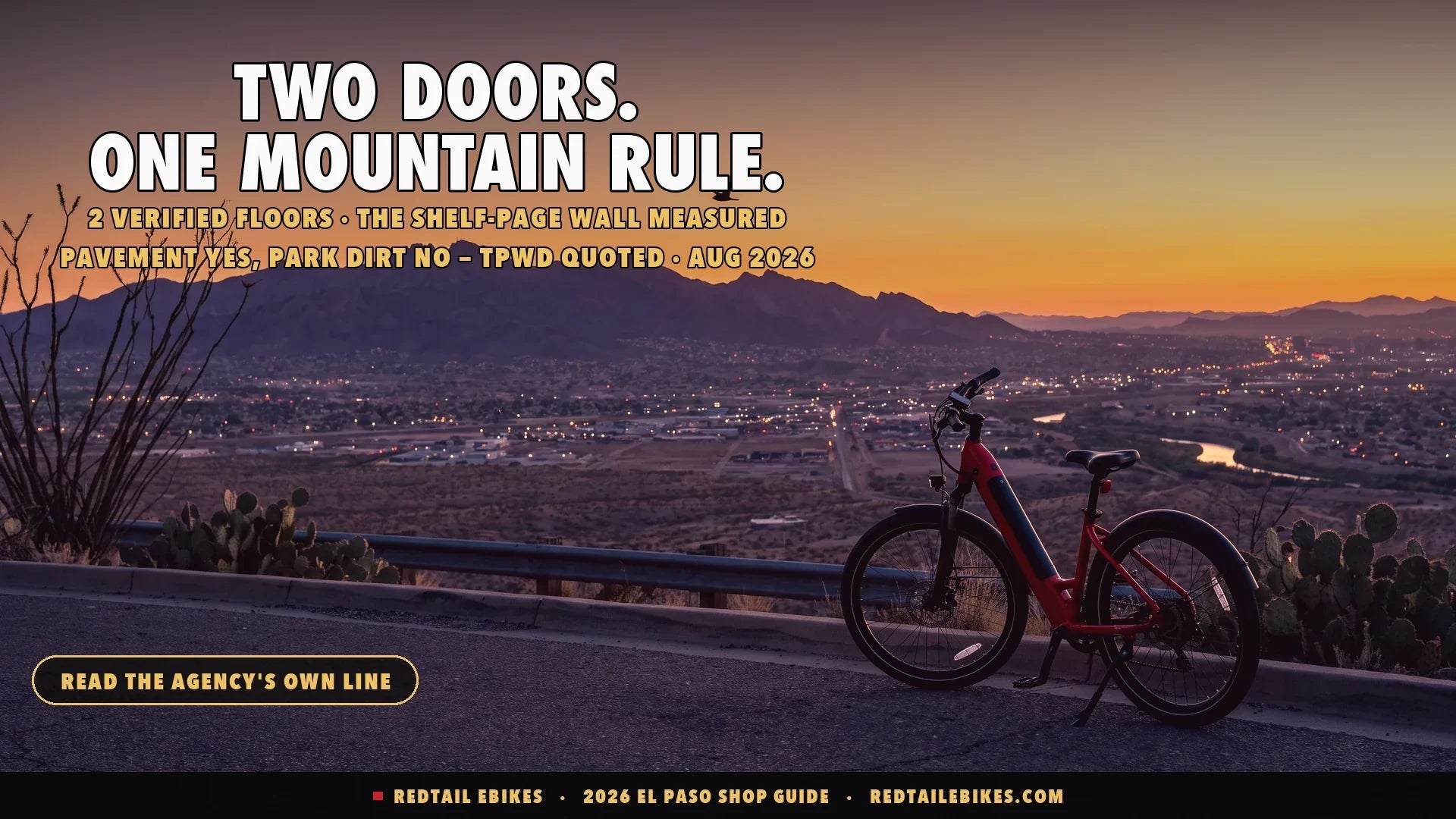 Red step-through electric bike on a desert overlook at dusk with the Franklin Mountains purple against an orange sky above El Paso