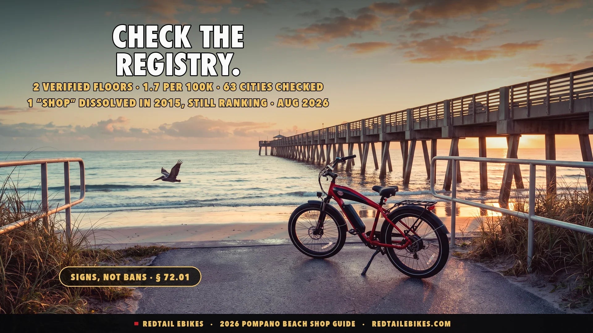 Electric bike at a dune crossover near the Pompano Beach pier at first light with a brown pelican and sea oats
