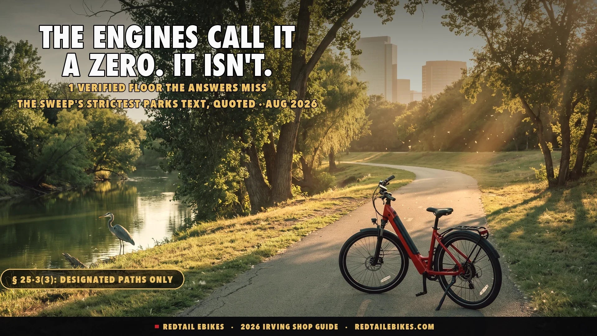 Red step-through electric bike on the Campion Trails greenway beside the Elm Fork of the Trinity River in Irving Texas at golden hour with a great blue heron in the shallows and Las Colinas towers in the haze