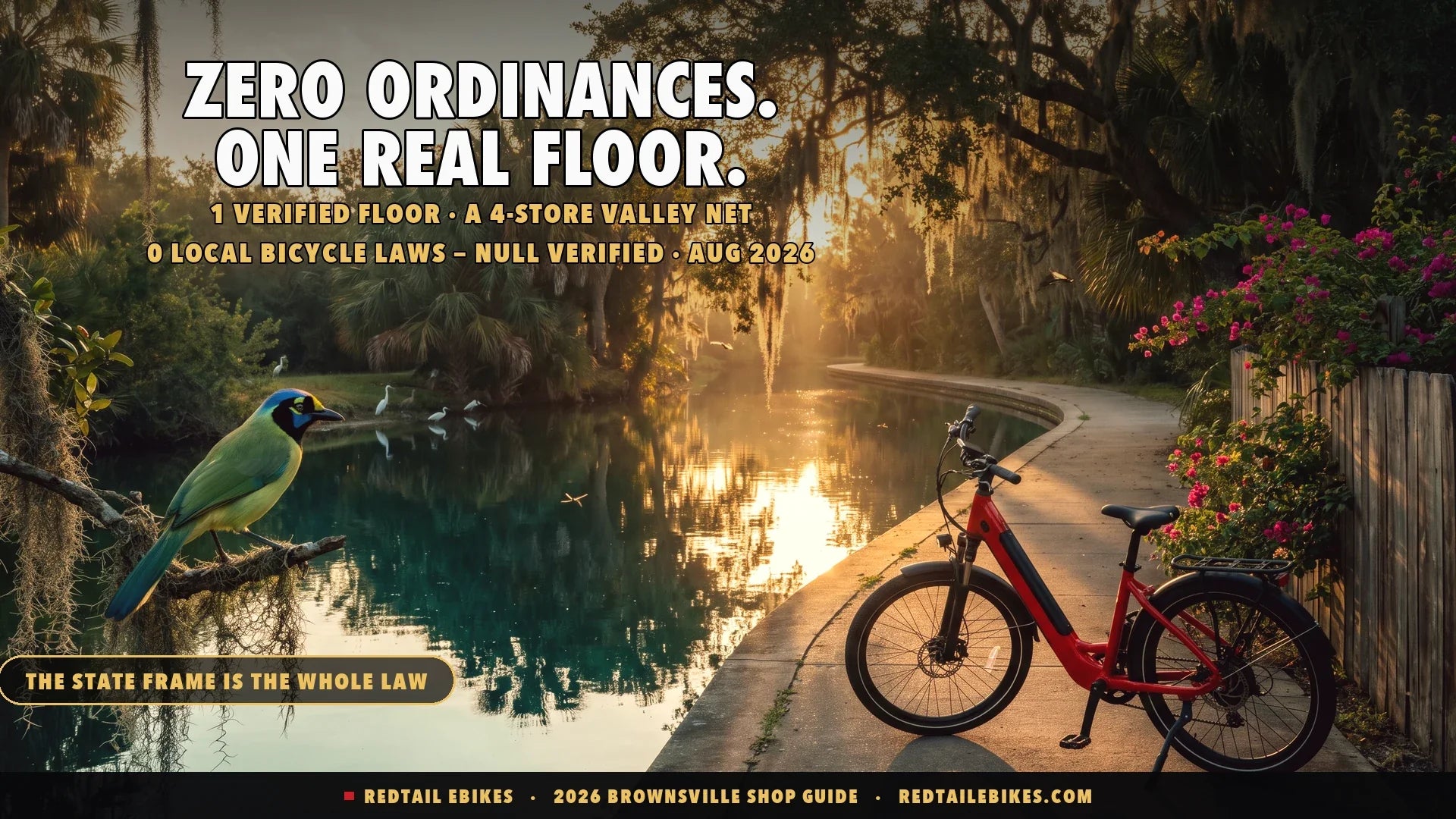 Red step-through electric bike on a resaca-side path in Brownsville Texas at golden hour with Spanish moss in the ebony trees and a green jay on a branch