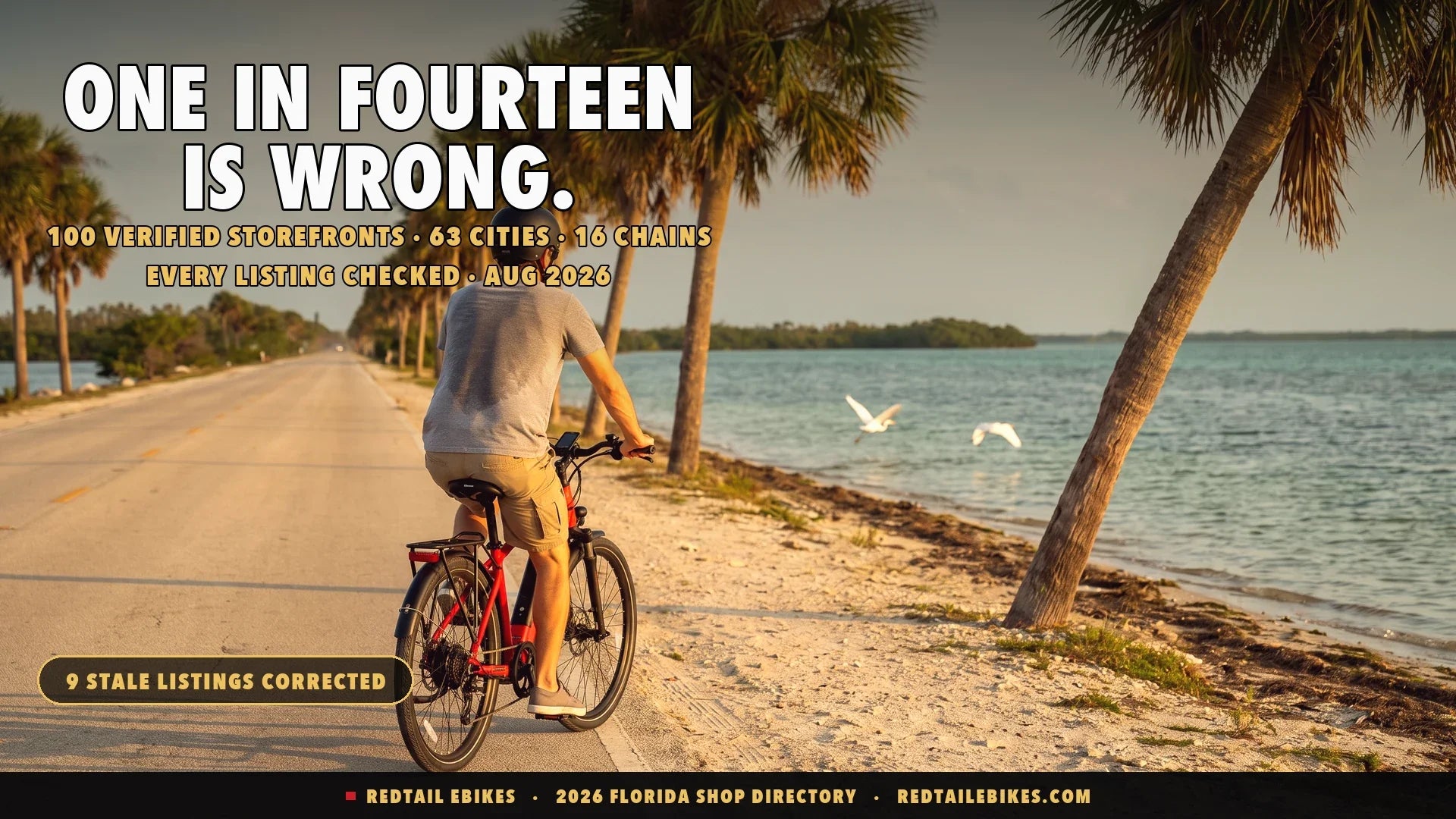 Rider walking an electric bike along a palm-lined Gulf coast causeway at golden hour in Florida