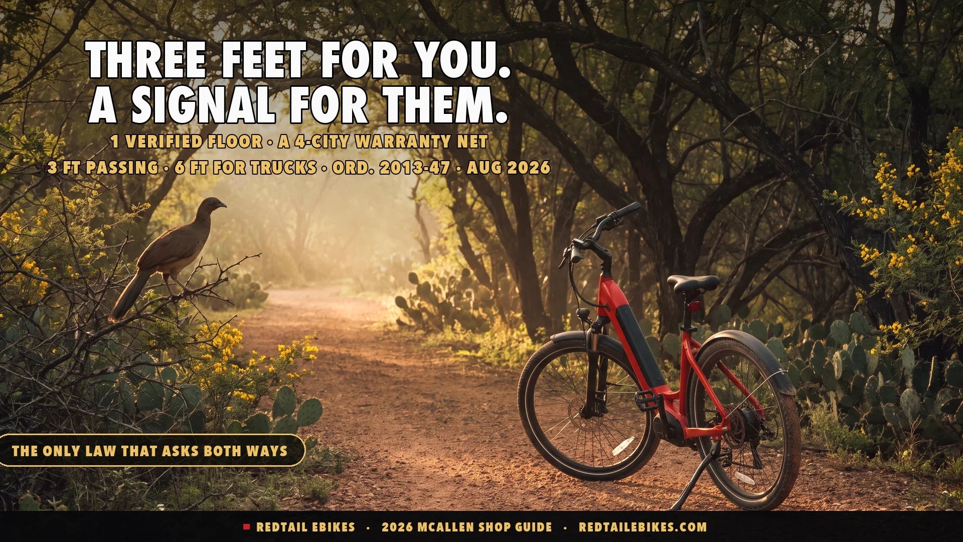 Red step-through electric bike on a thornscrub trail at Quinta Mazatlan in McAllen Texas at golden hour with ebony canopy and a plain chachalaca on a low branch