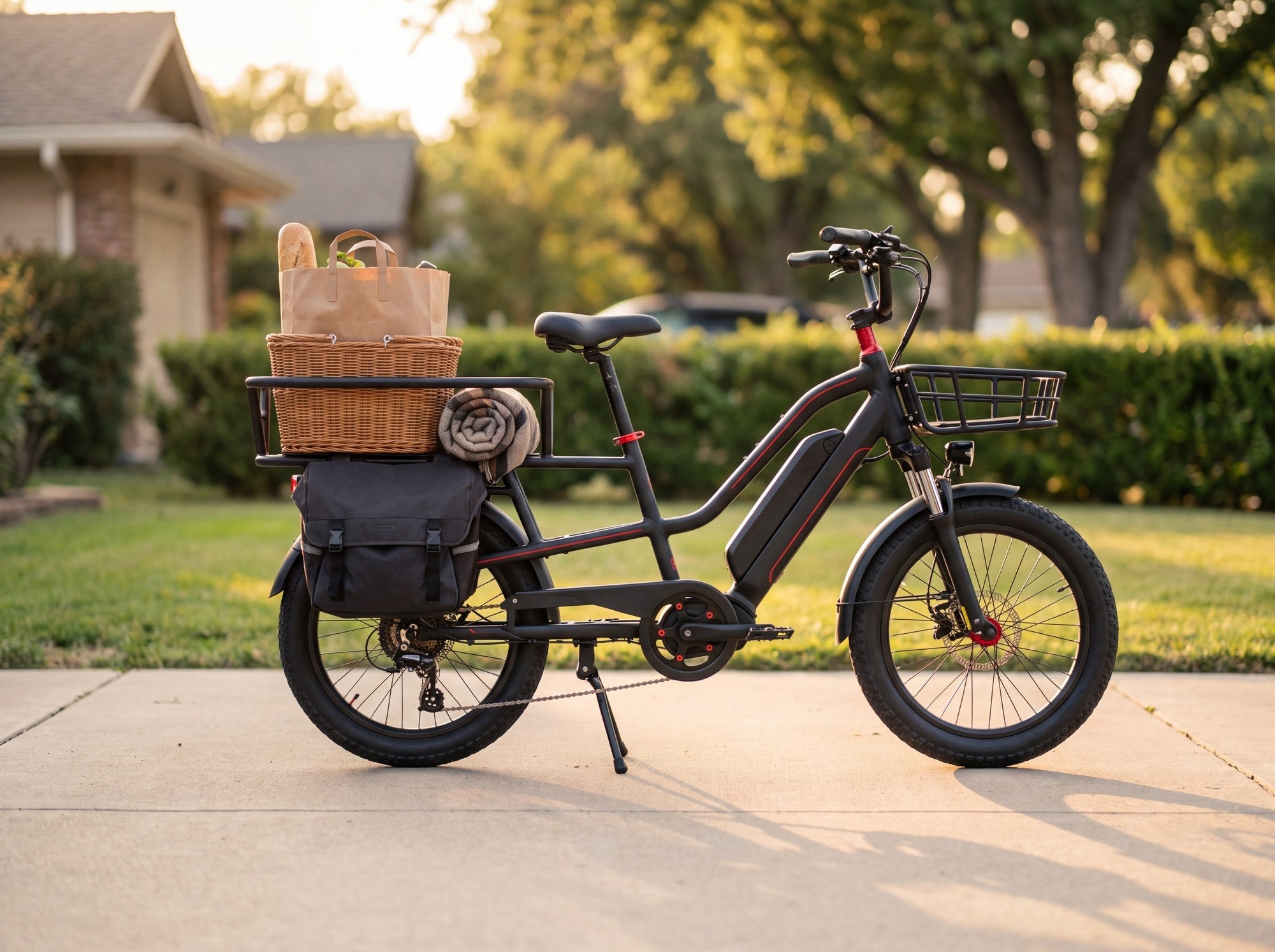 Redtail longtail cargo electric bike loaded with groceries and panniers