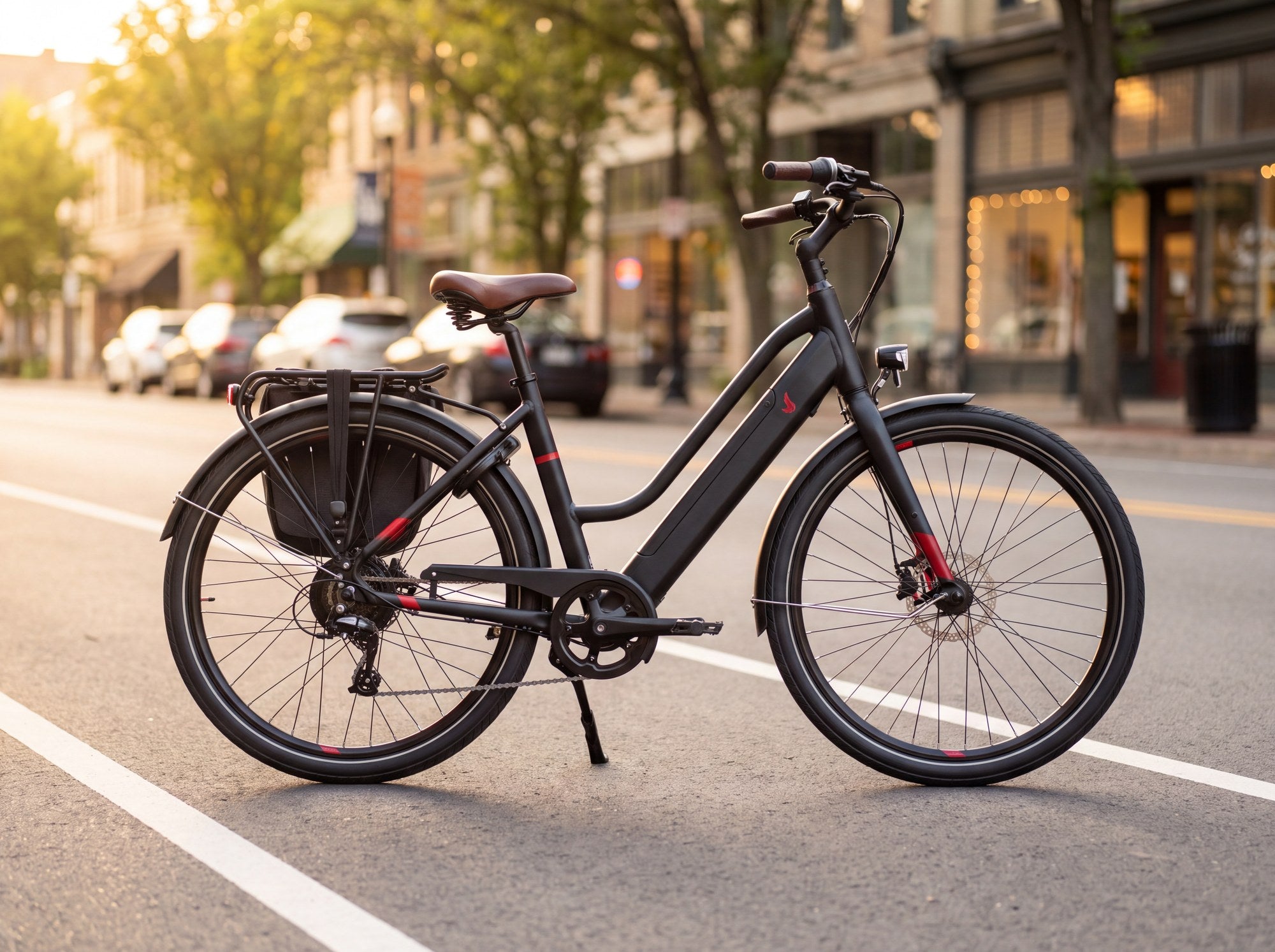 Redtail step-through commuter electric bike in a city bike lane