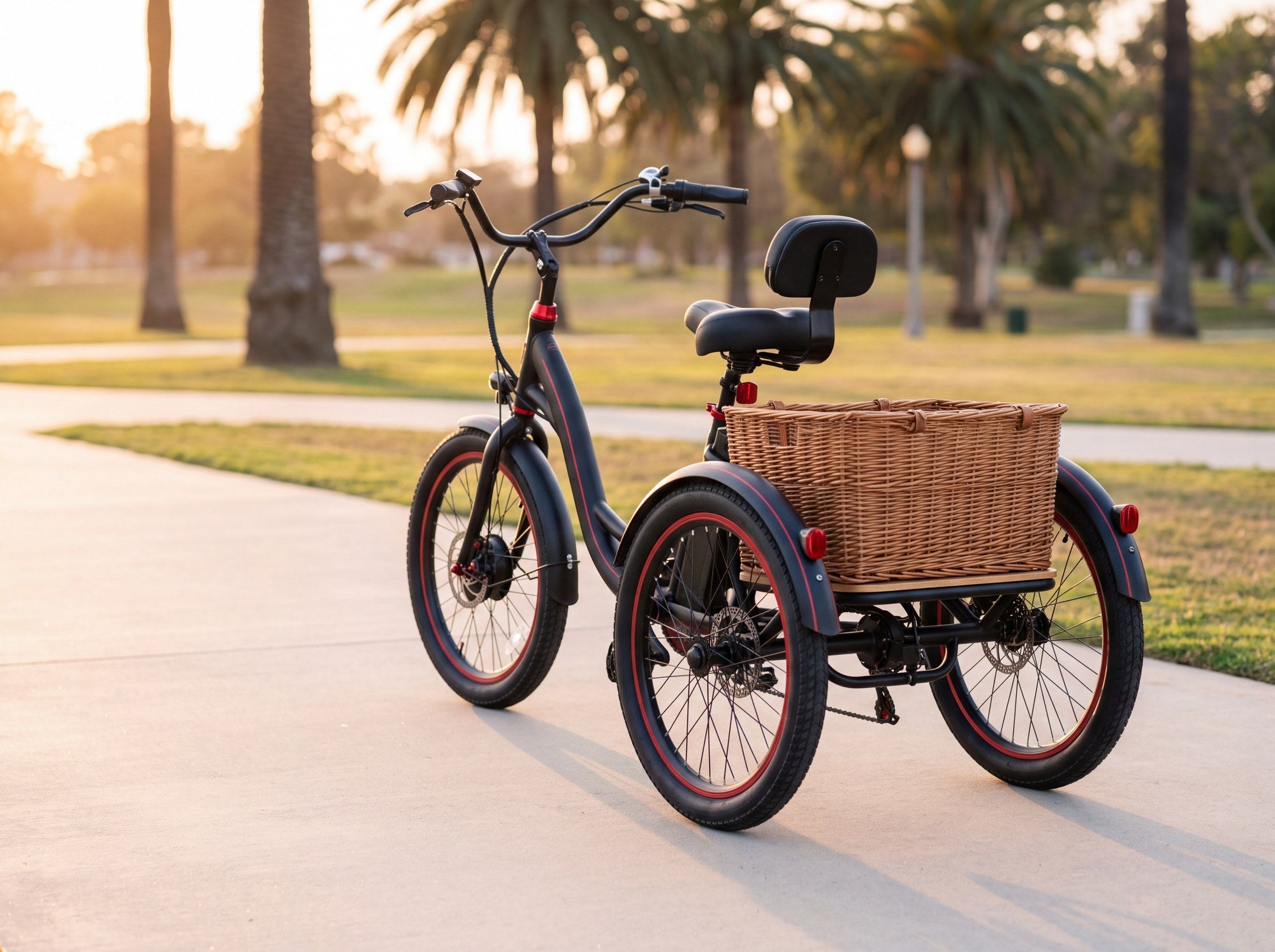 Redtail three-wheel electric trike with rear cargo basket on a park path
