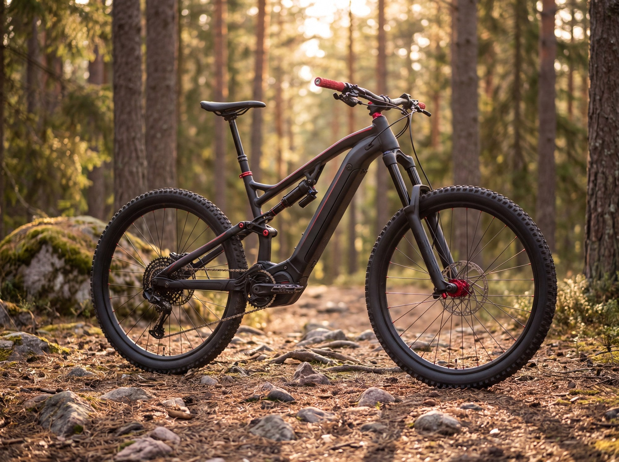Redtail full-suspension electric mountain bike on a forest trail
